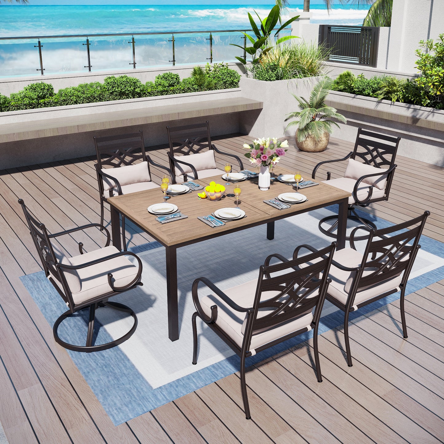 Captiva Designs 7pc Patio Dining Steel Table & Metal Chairs with Seat Cushions & Waist Pillows