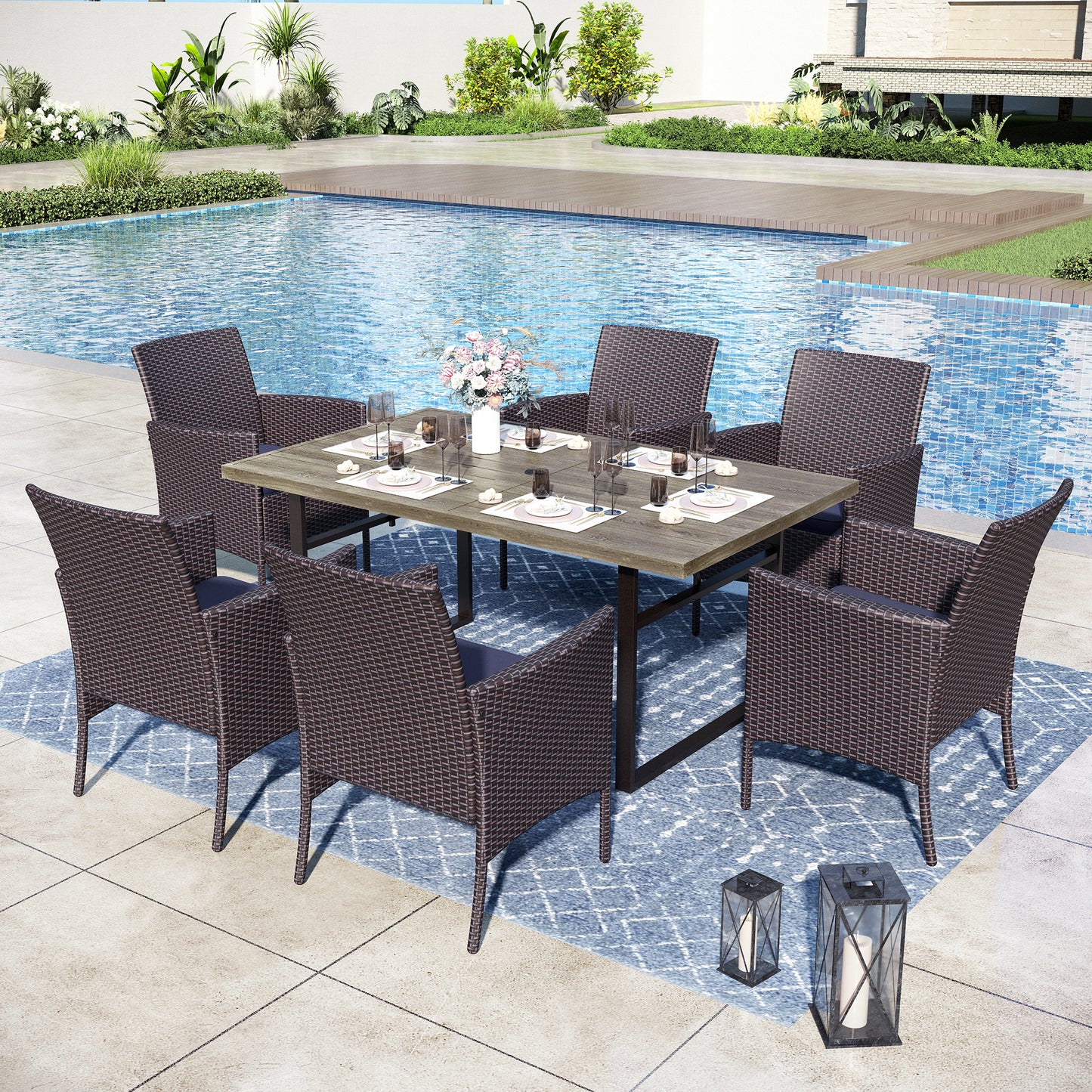 Captiva Designs 7pc Patio Wood-look Rectangle Dining Table & Rattan Chairs with Removable Cushions