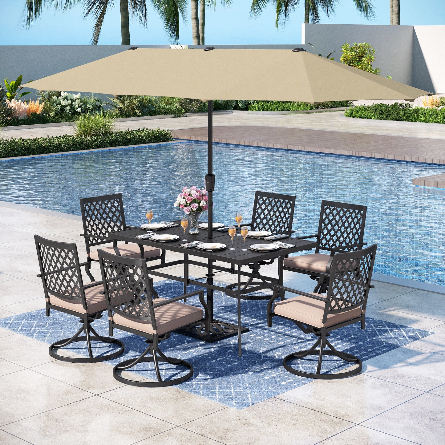 Captiva Designs 8pc Patio Dining Set with Rectangular Steel Table & Black Steel Chairs & Beige Umbrella