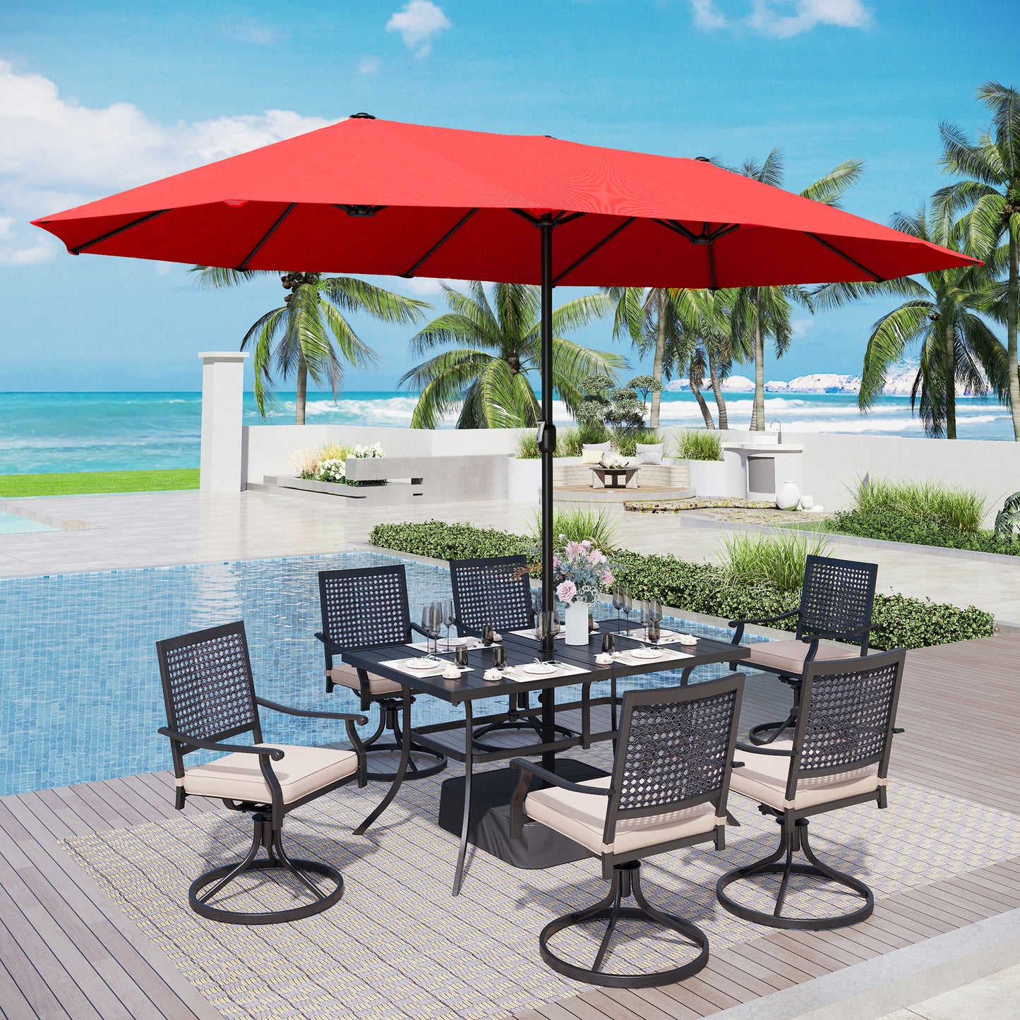 Captiva Designs 8pc Patio Dining Set with Rectangular Steel Table & Black Steel Chairs & Market Umbrella