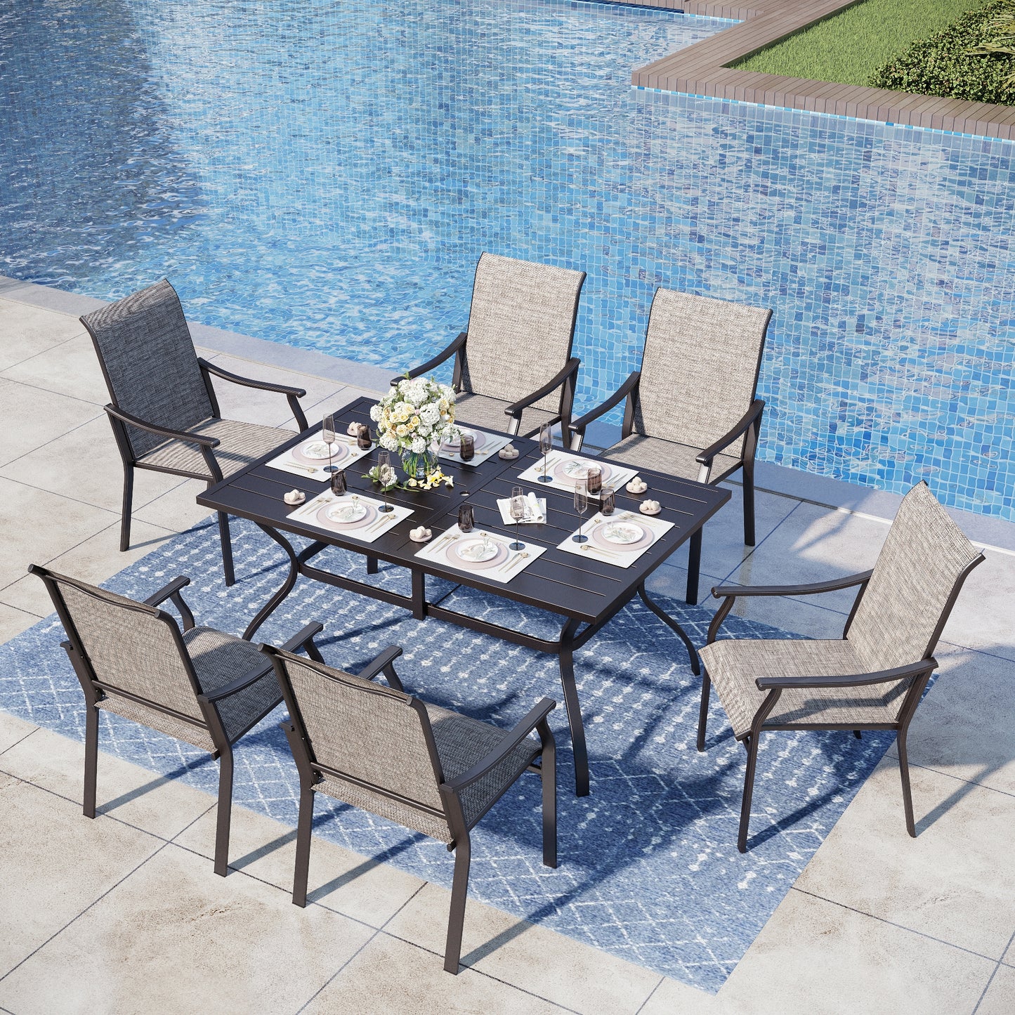 Captiva Designs 7 件套户外餐桌椅套装,配有带板顶的矩形桌子和高背藤制固定椅子