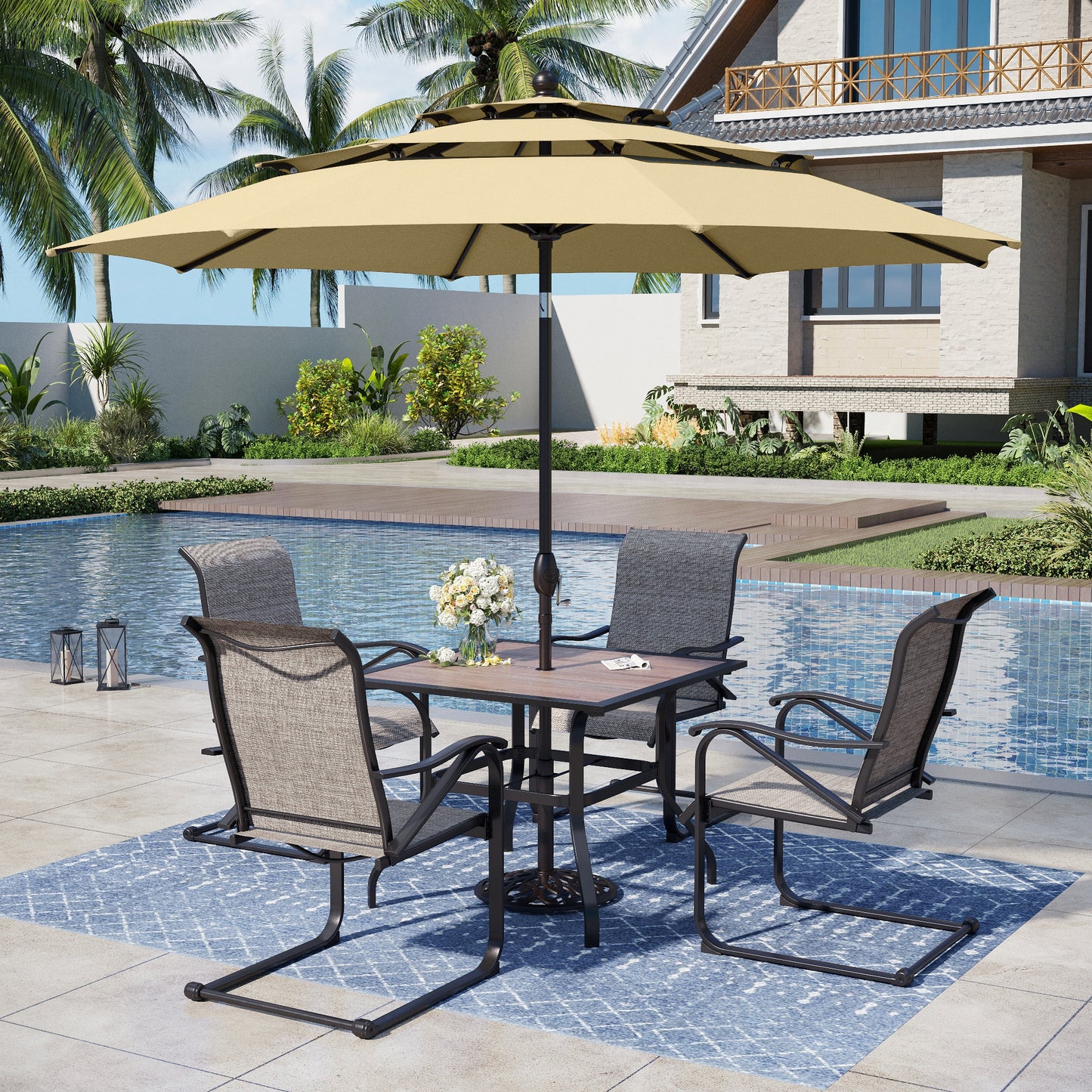 Captiva Designs 6pc Patio Round Steel Dining Table & Rattan Chairs & Market Umbrella
