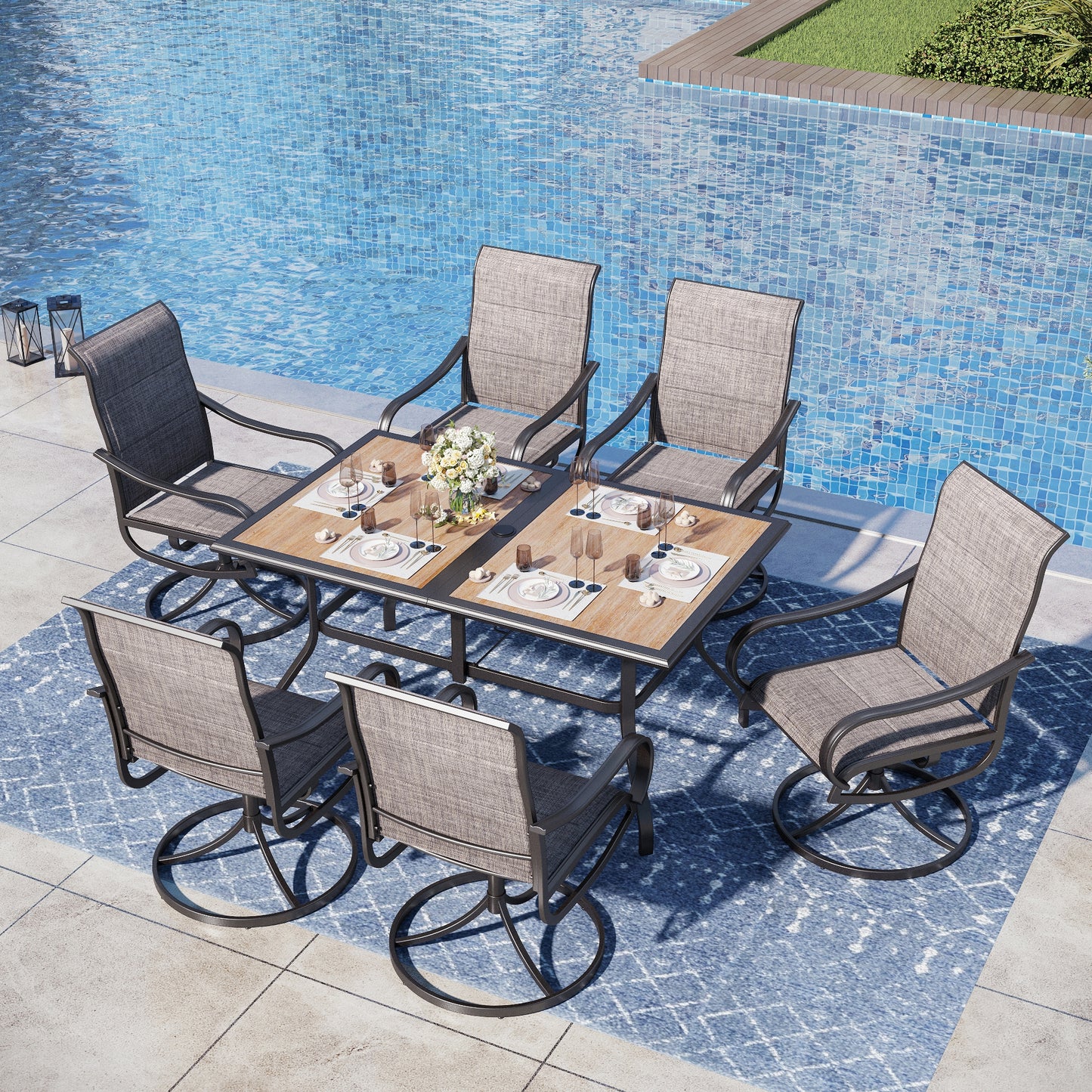 Captiva Designs 7pc Patio Dining Wood-look Rectangle Steel Frame Table & Textilene Swivel Chairs