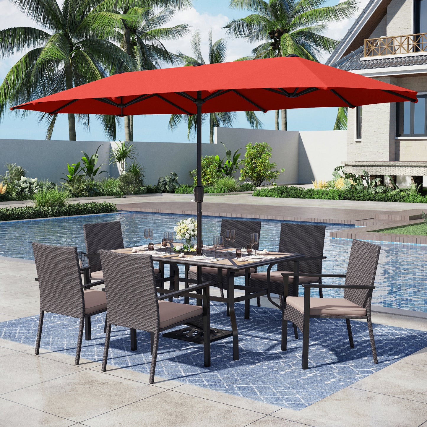 Captiva Designs 8pc Patio Dining Set with Rectangular Table & Armrest Rattan Chairs & Market Umbrella