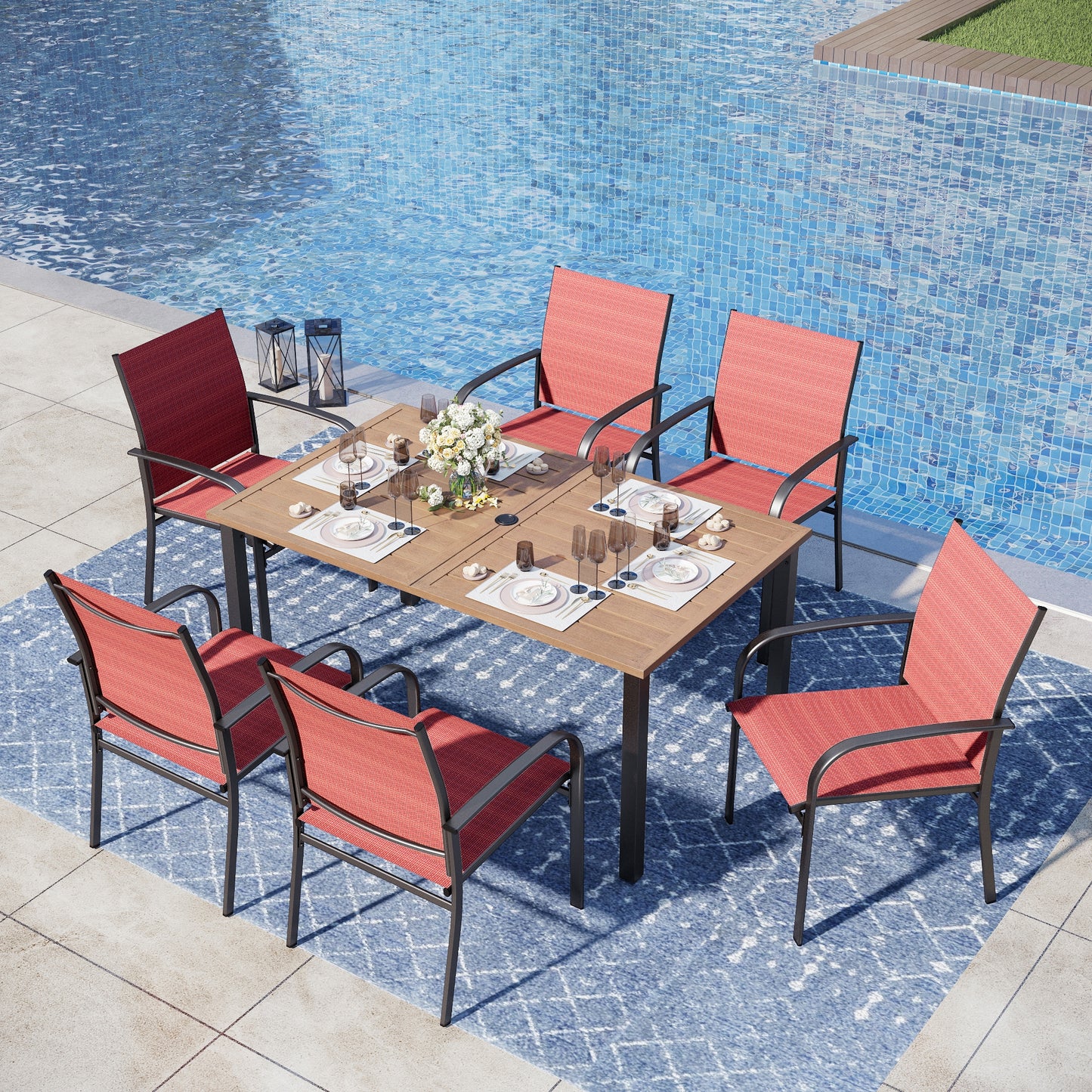 Captiva Designs 7pc Outdoor Patio Wood-look Slatted Top Steel Dining Table & Sling Fixed Chairs
