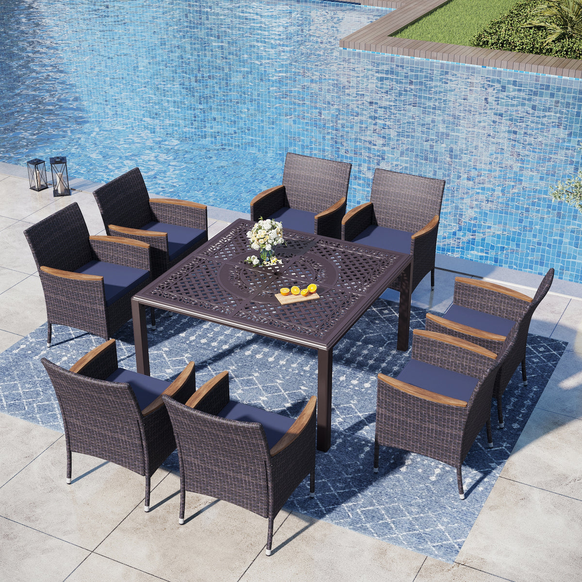 Captiva Designs Outdoor 9Pc Cast Aluminum Square Metal Dining Table with Umbrella Hole & Cushioned Wicker Rattan Chairs