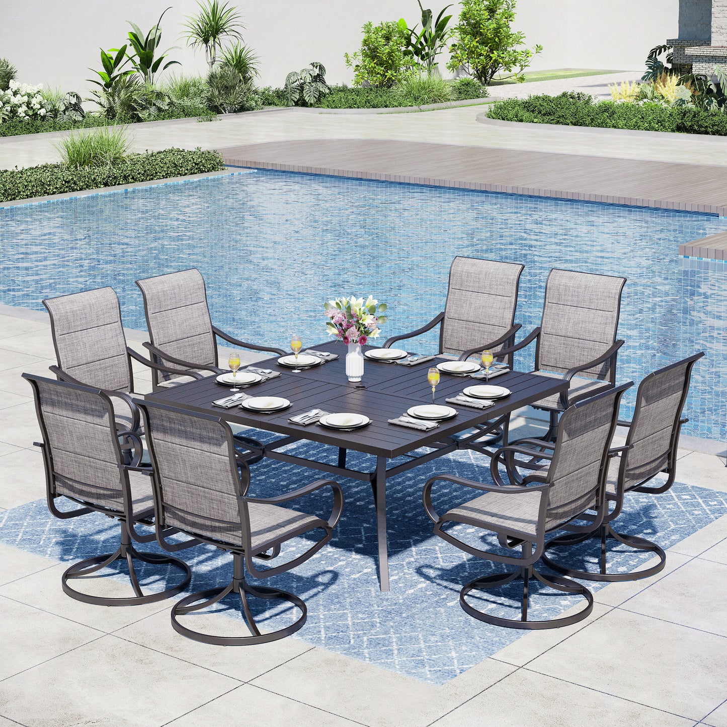 Captiva Designs 9pc Spacious Slat-top Square Metal Table with Umbrella Hole & Padded Textilene Swivel Chairs