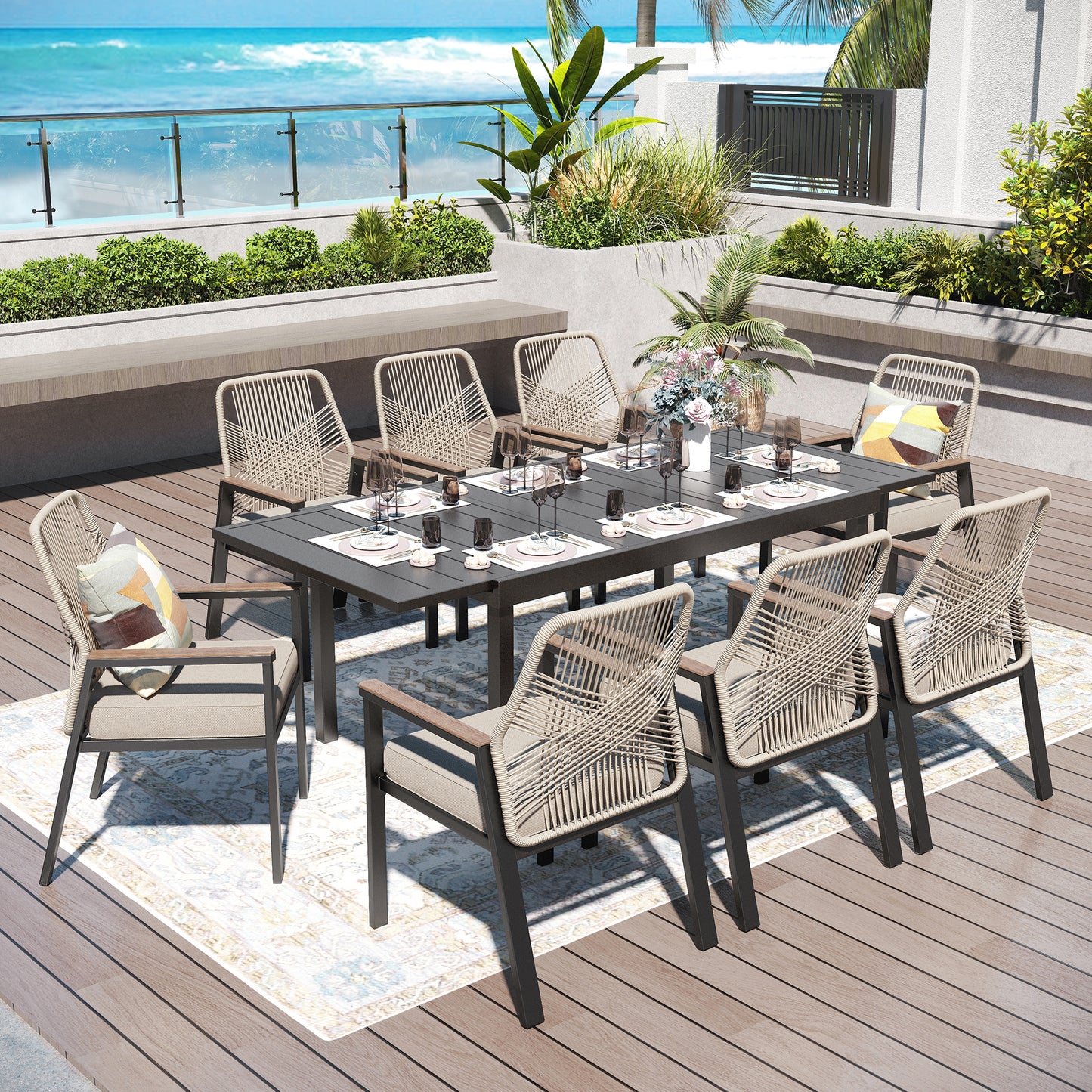Captiva Designs 9pc Outdoor Dining Spacious Black Rectangle Metal Table & Beige Rattan Chairs