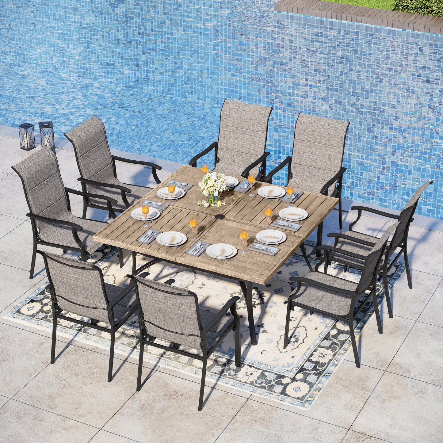 Captiva Designs 9pc Patio Spacious Black Steel Dining Table & High Back Padded Grayish Brown Sling Armrest Chairs