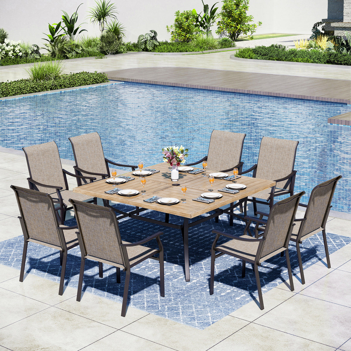 Captiva Designs 9pc Spacious Slat-top Square Metal Table with Umbrella Hole & Brown Textilene Fixed Chairs
