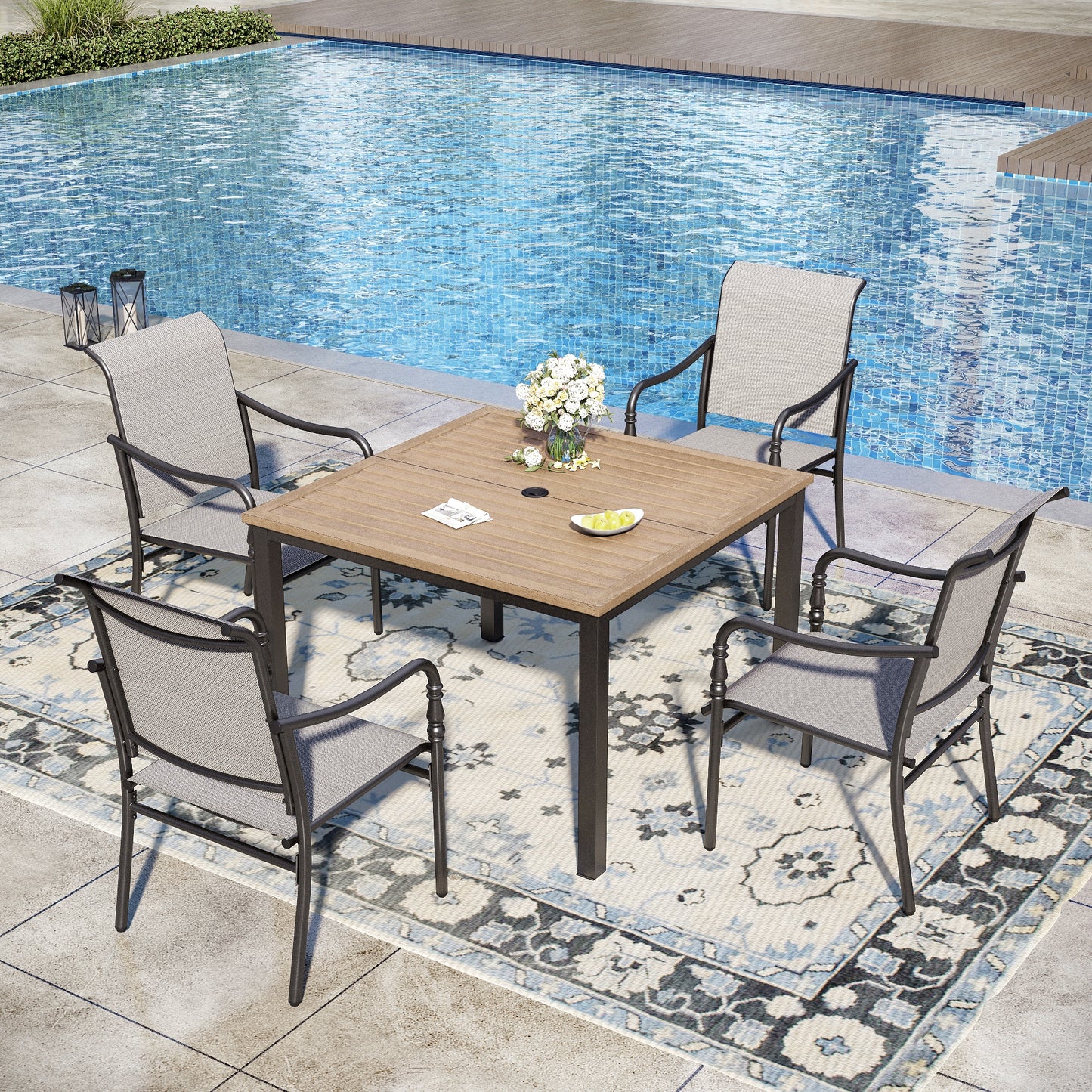 Captiva Designs Outdoor Dining Gray Sling Chairs with Gourd Head Armrests