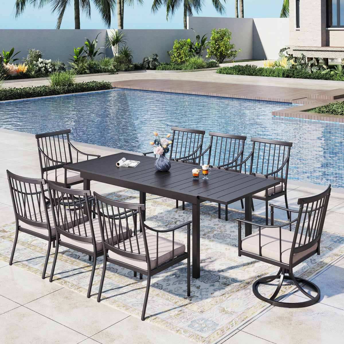 Captiva Designs 9pc Patio Dining Set with Slat-top Steel Rectangle Table & Stylish Metal Arm Chairs