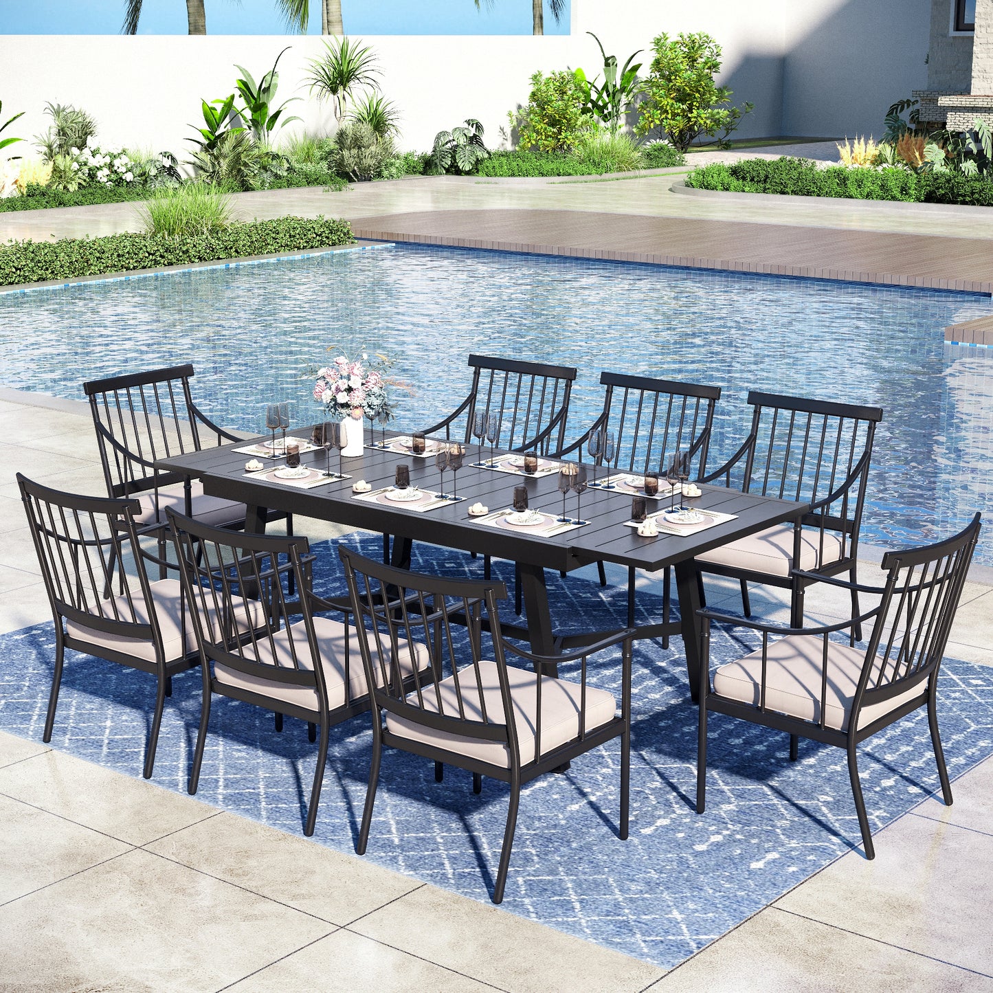 Captiva Designs 9pc Patio Slat-top Adjustable Steel Rectangle Table & Stylish Arm Chairs with Cushions