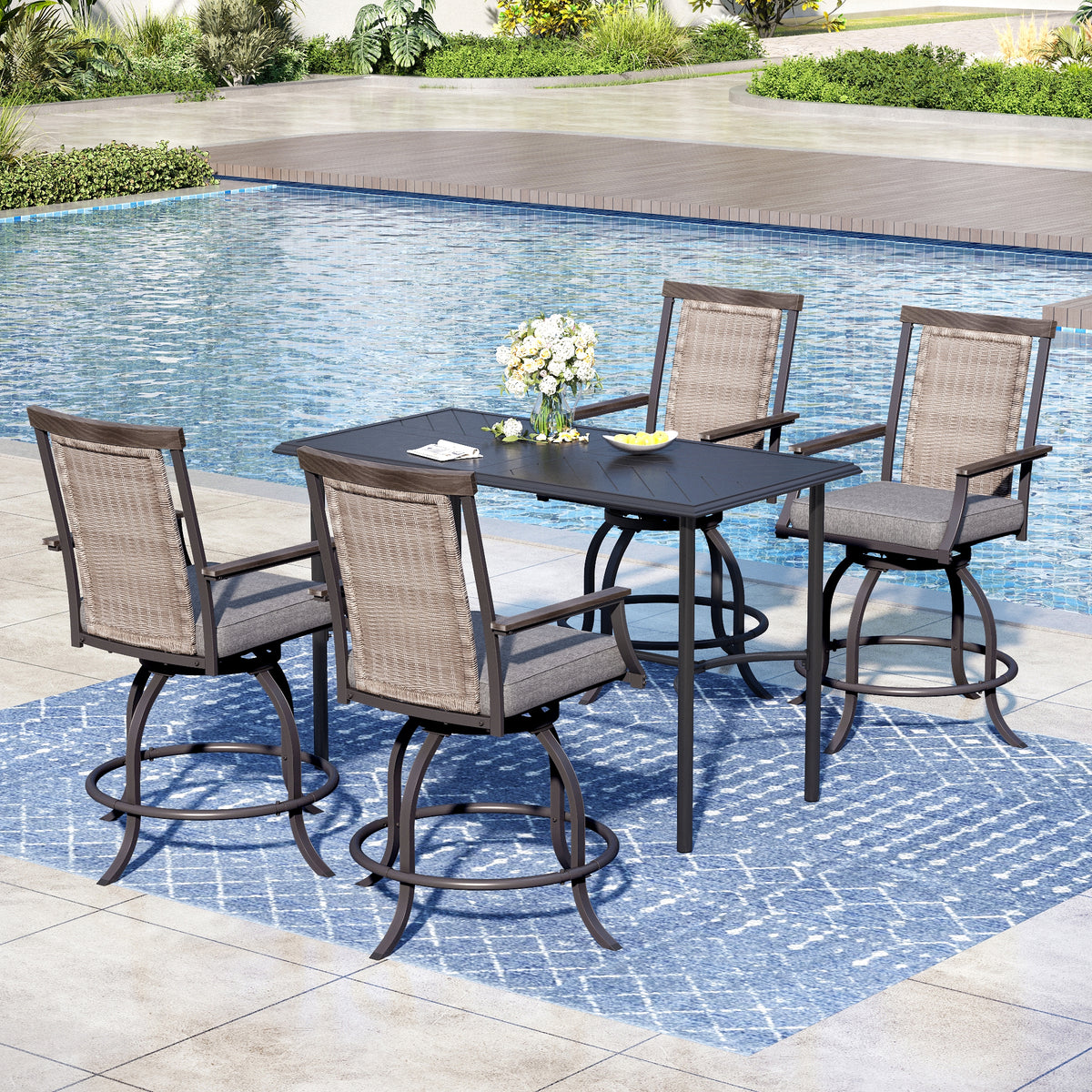 Captiva Designs 5 件金属吧台高方桌,带伞孔和酒吧旋转椅,带扶手和坐垫