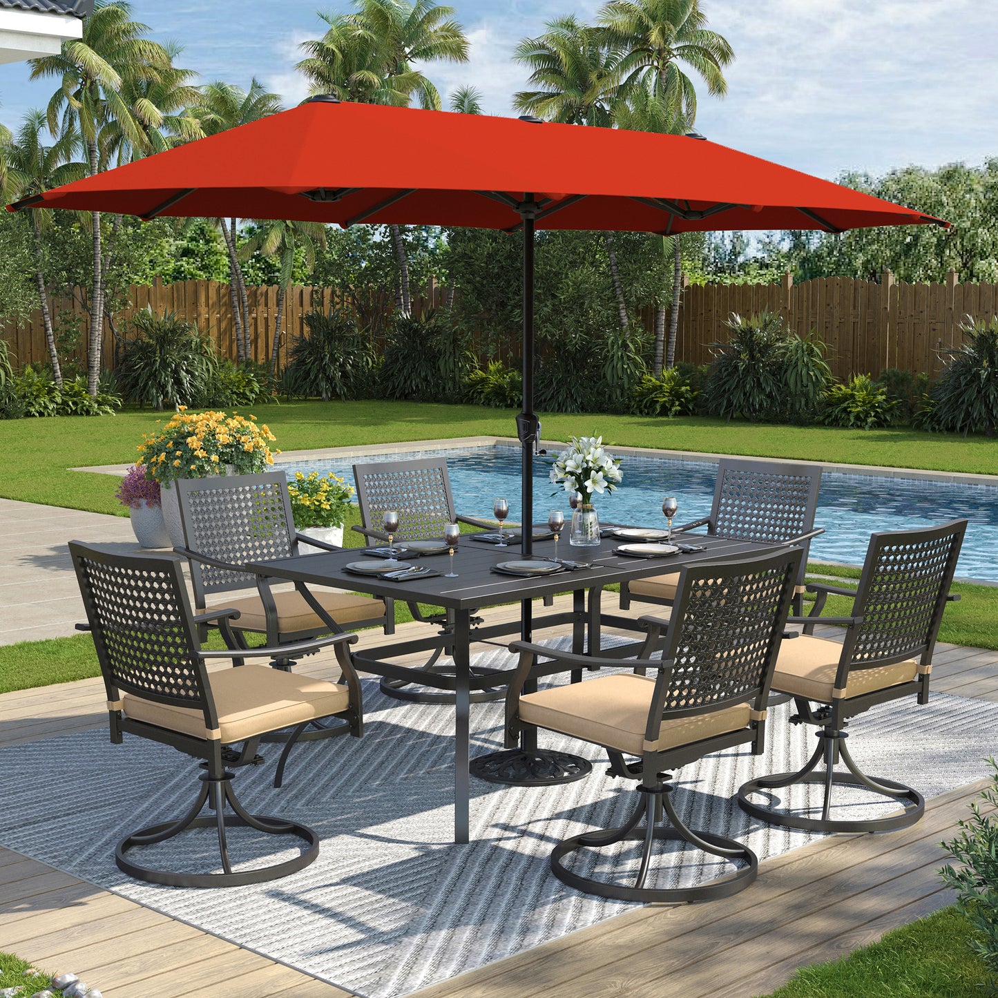 Captiva Designs 8pc Patio Slat-top Dining Steel Table & Stackable Steel Chairs & Market Umbrella