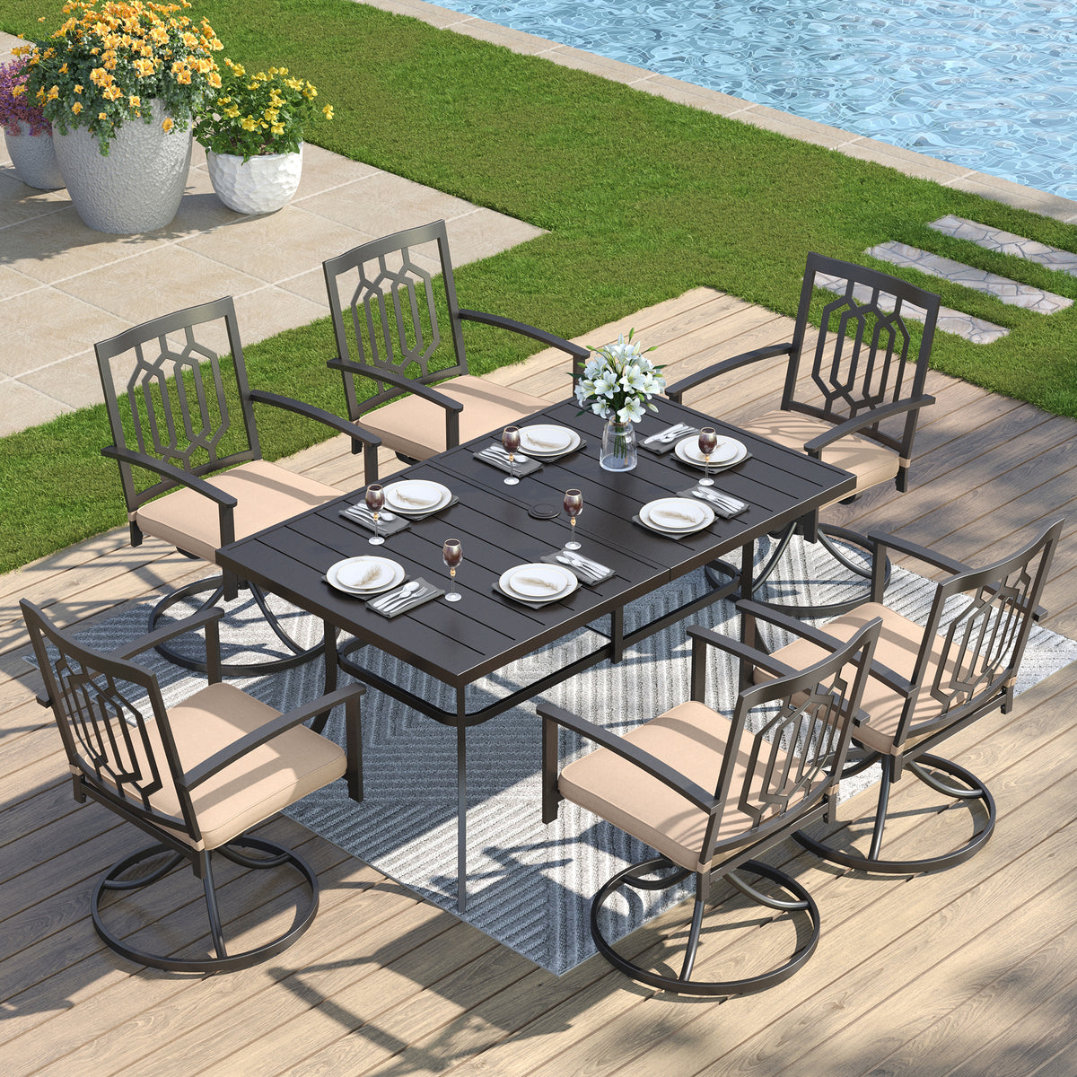 Captiva Designs 7pc Outdoor Patio Dining Slat-top Rectangle Steel Table & Swivel Metal Chairs