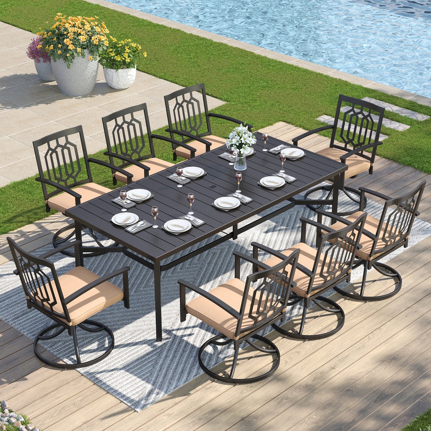 Captiva Designs 9pc Spacious Slat-top Rectangle Metal Table & Steel Stackable Chairs