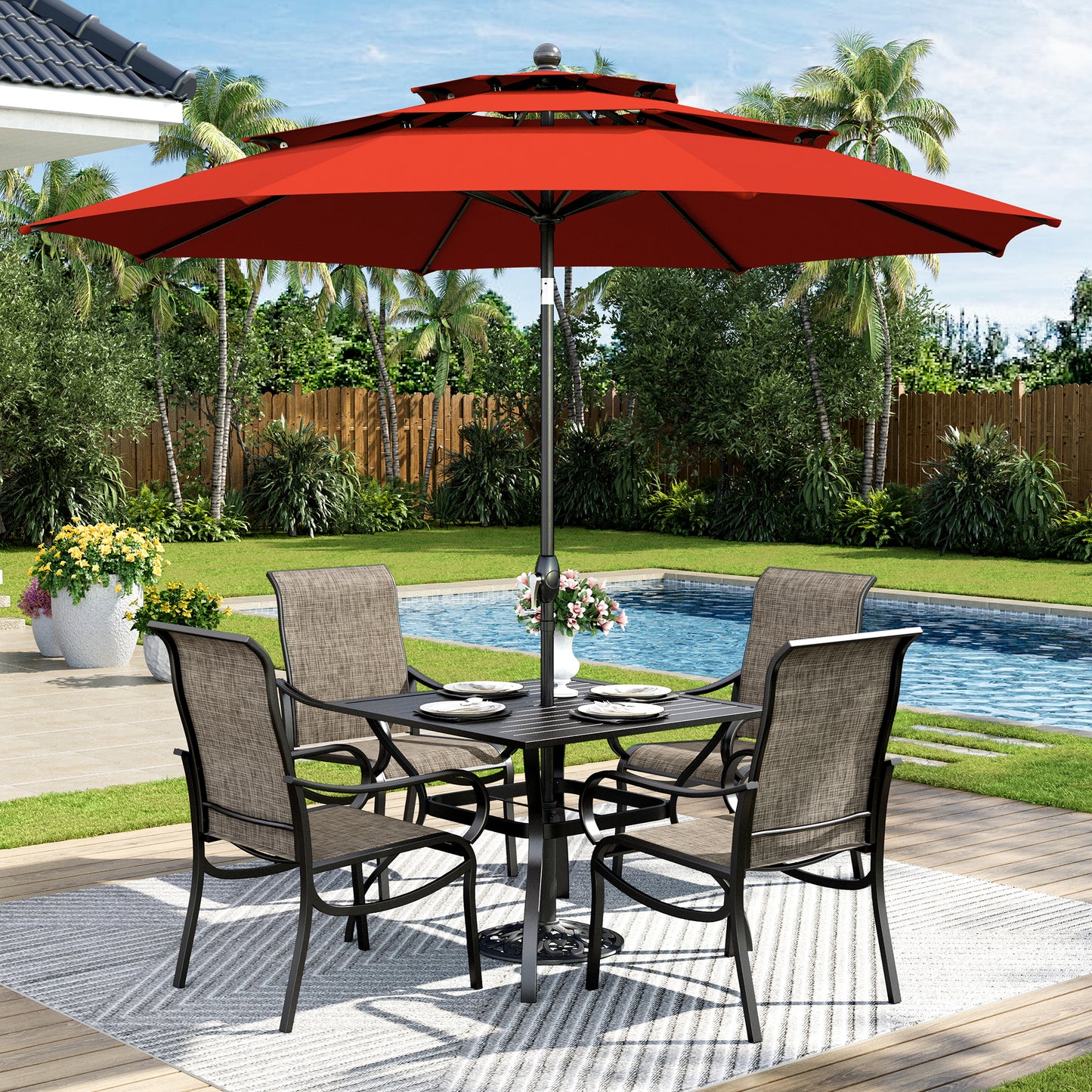 Captiva Designs 6pc Patio Dining Set with Square Steel Frame Table & Sling Chairs & Market Umbrella