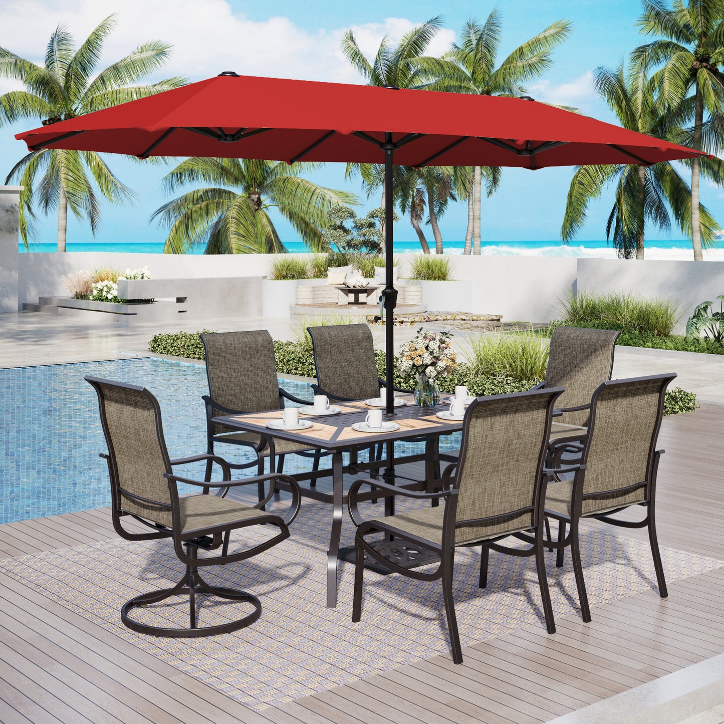 Captiva Designs 8pc Outdoor Wood-look Rectangle Steel Dining Table & Sling Chairs & Market Umbrella