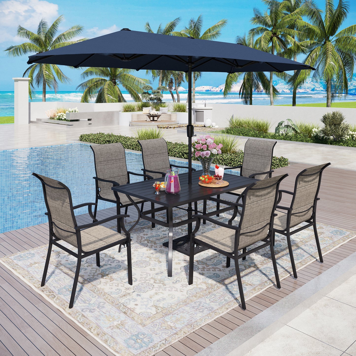 Captiva Designs 8pc Outdoor Patio Rectangle Steel Dining Table & Padded Sling Armchairs & Market Umbrella
