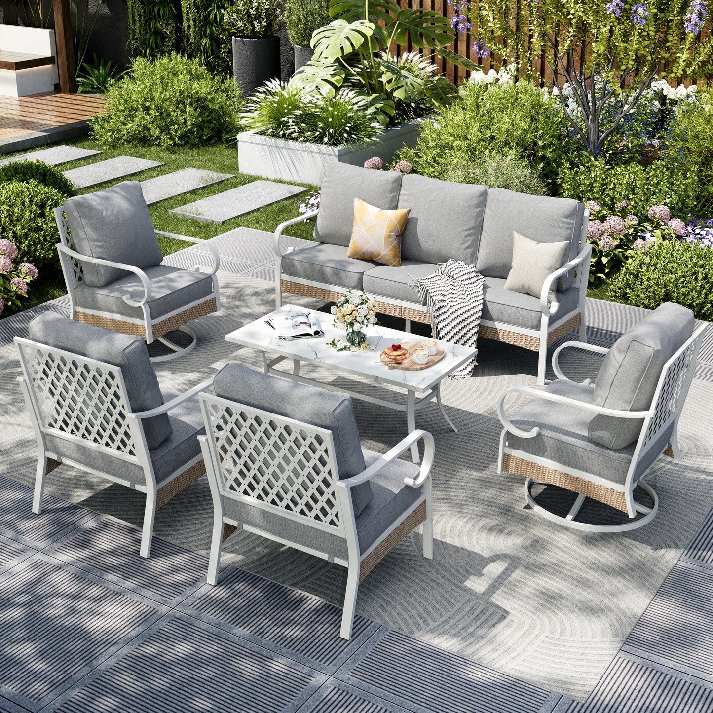 Captiva Designs 6pc Extra Large Metal and Rattan Outdoor Patio Conversation Set with Swivel Grid-back Chairs and Table