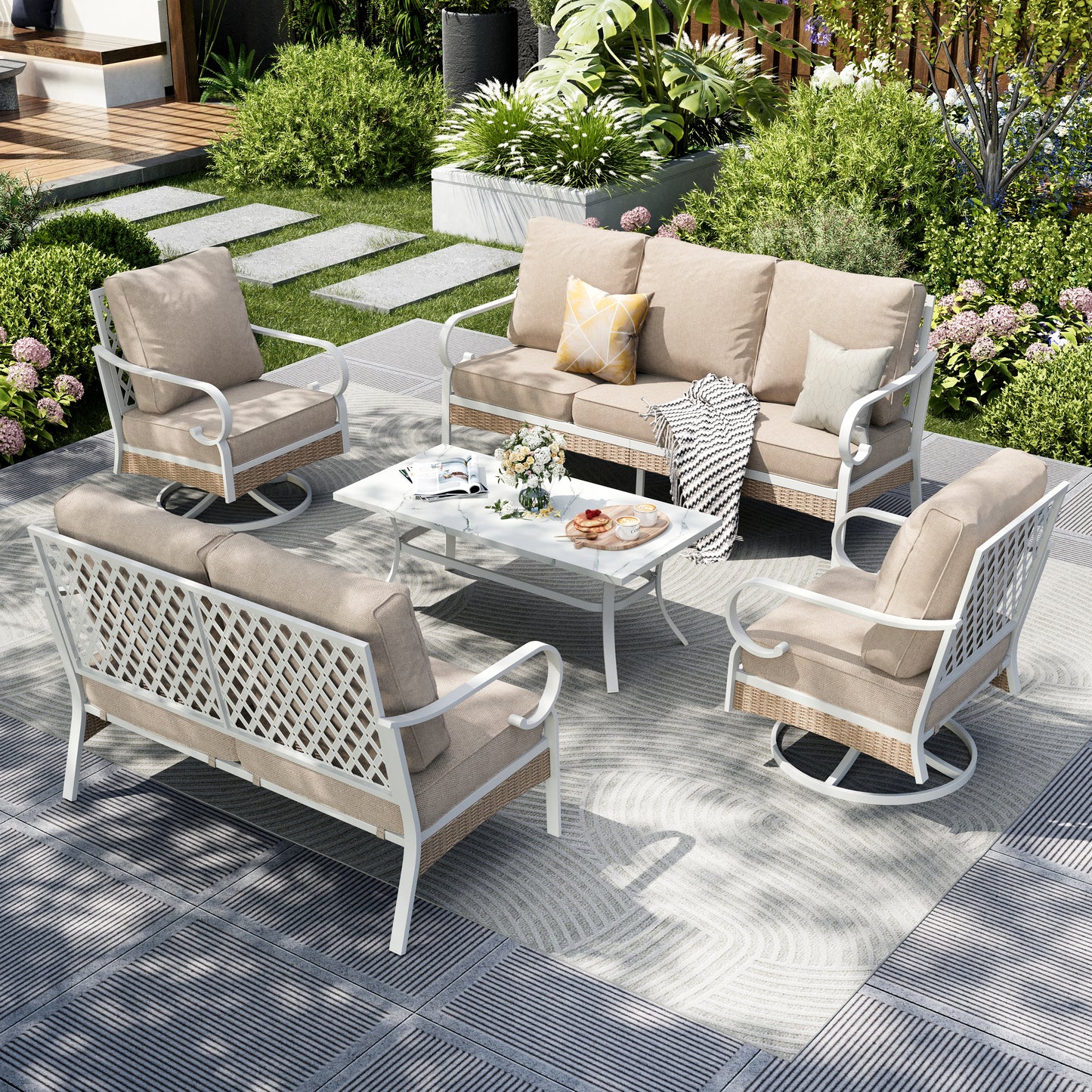 Captiva Designs 5pc Extra Large Metal and Rattan Outdoor Patio Conversation Set with Swivel Grid-back Chairs and Loveseat
