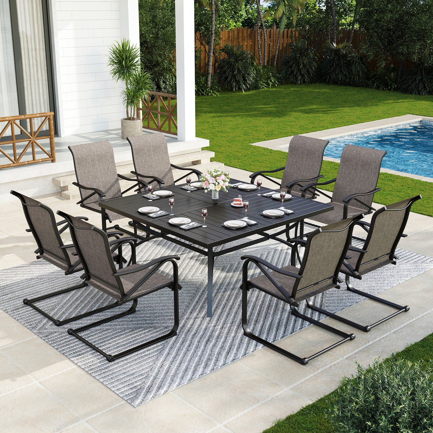 Captiva Designs 9pc Patio Slat-top Square Metal Dining Table and Metal Chairs with Seat Cushion & Waist Pillow