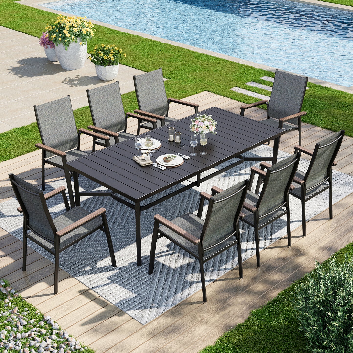 Captiva Designs 9pc Patio Dining Set with Slat-top Steel Rectangle Table & Textilene Aluminum Chairs