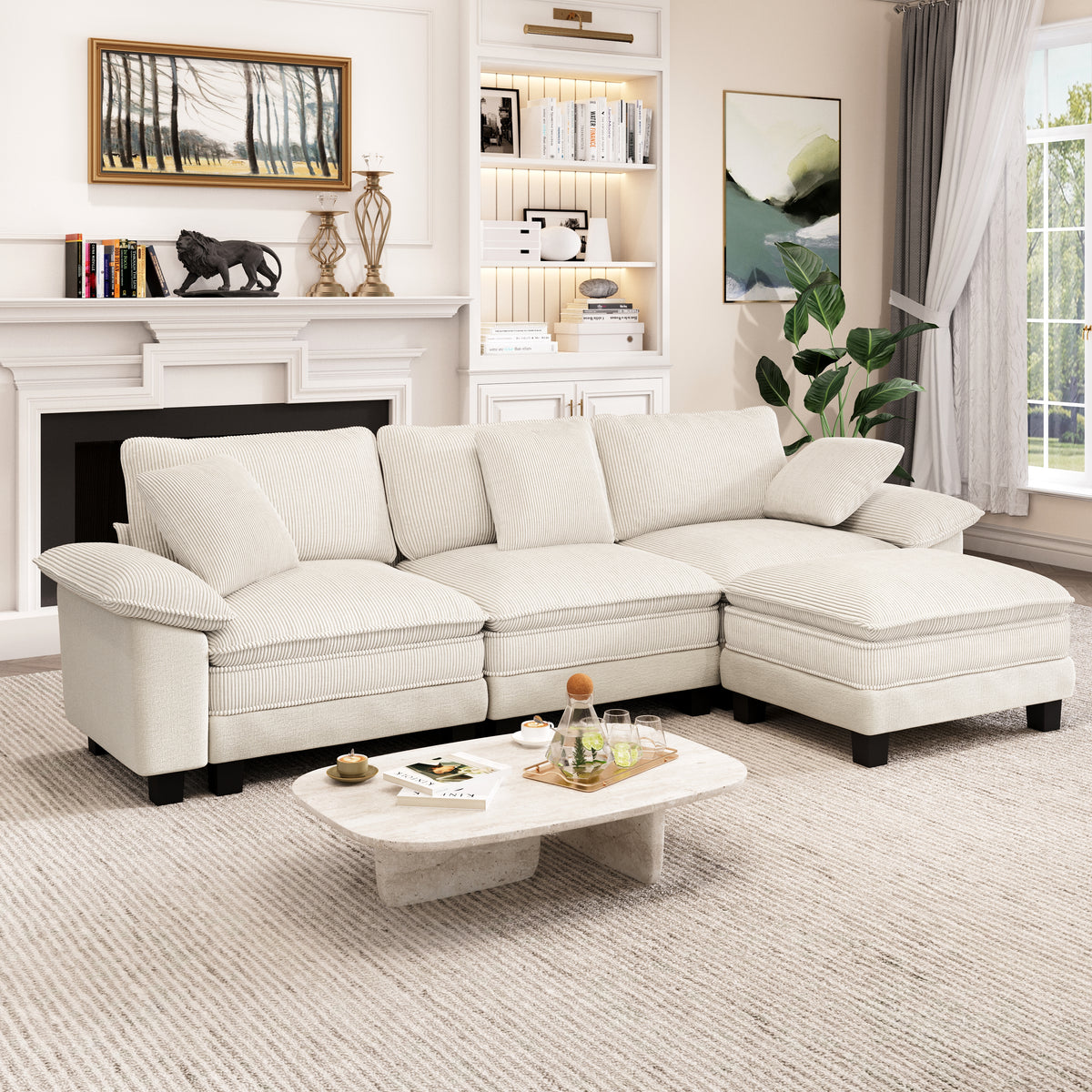 Captiva Designs Cloud Modular 4-Seater Sectional Sofa with L-Shaped Chaise and Movable Ottoman, Living Room Couch