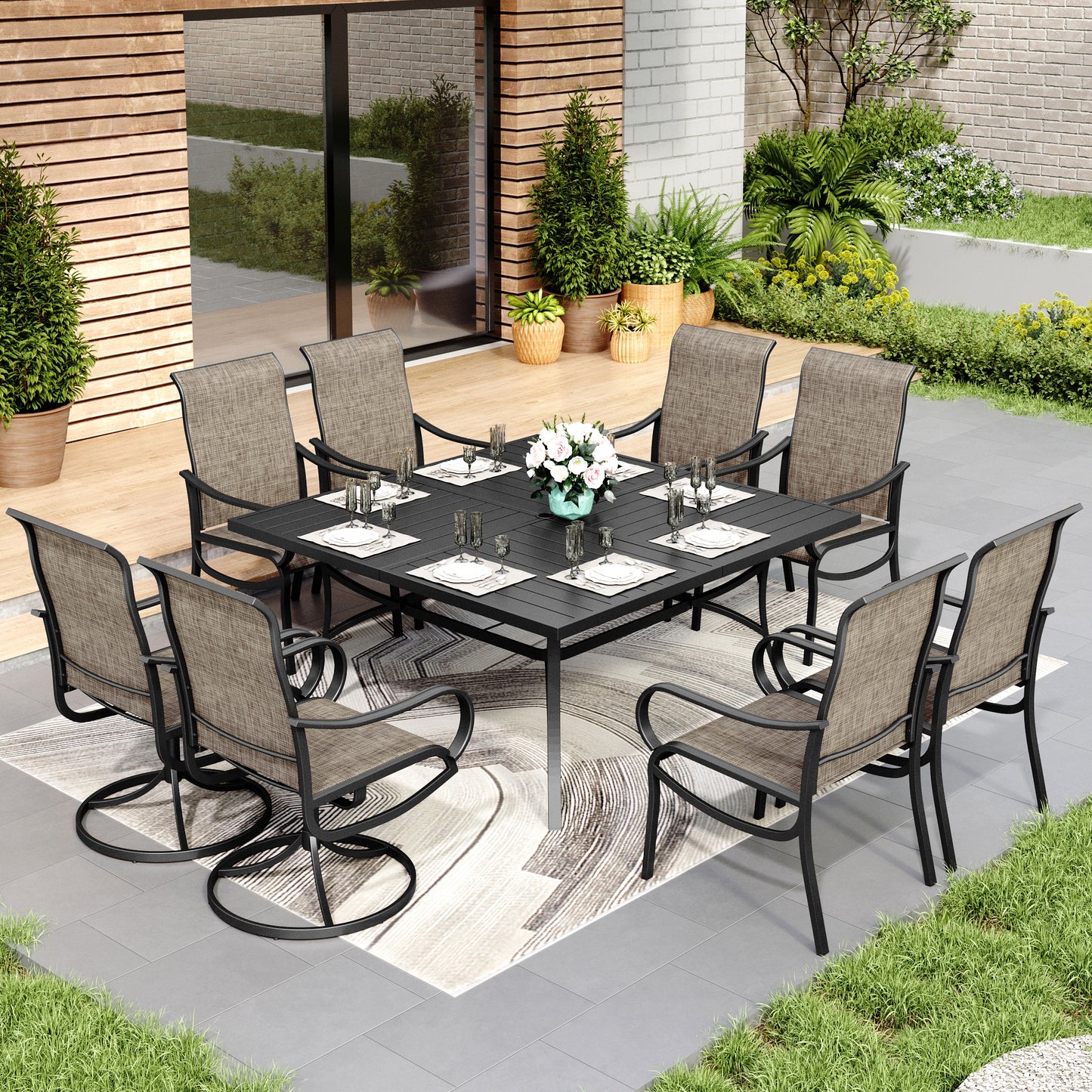 Captiva Designs 9pc Outdoor Dining set with Slat-top Metal Table & Breathable Quick-dry Sling Chairs