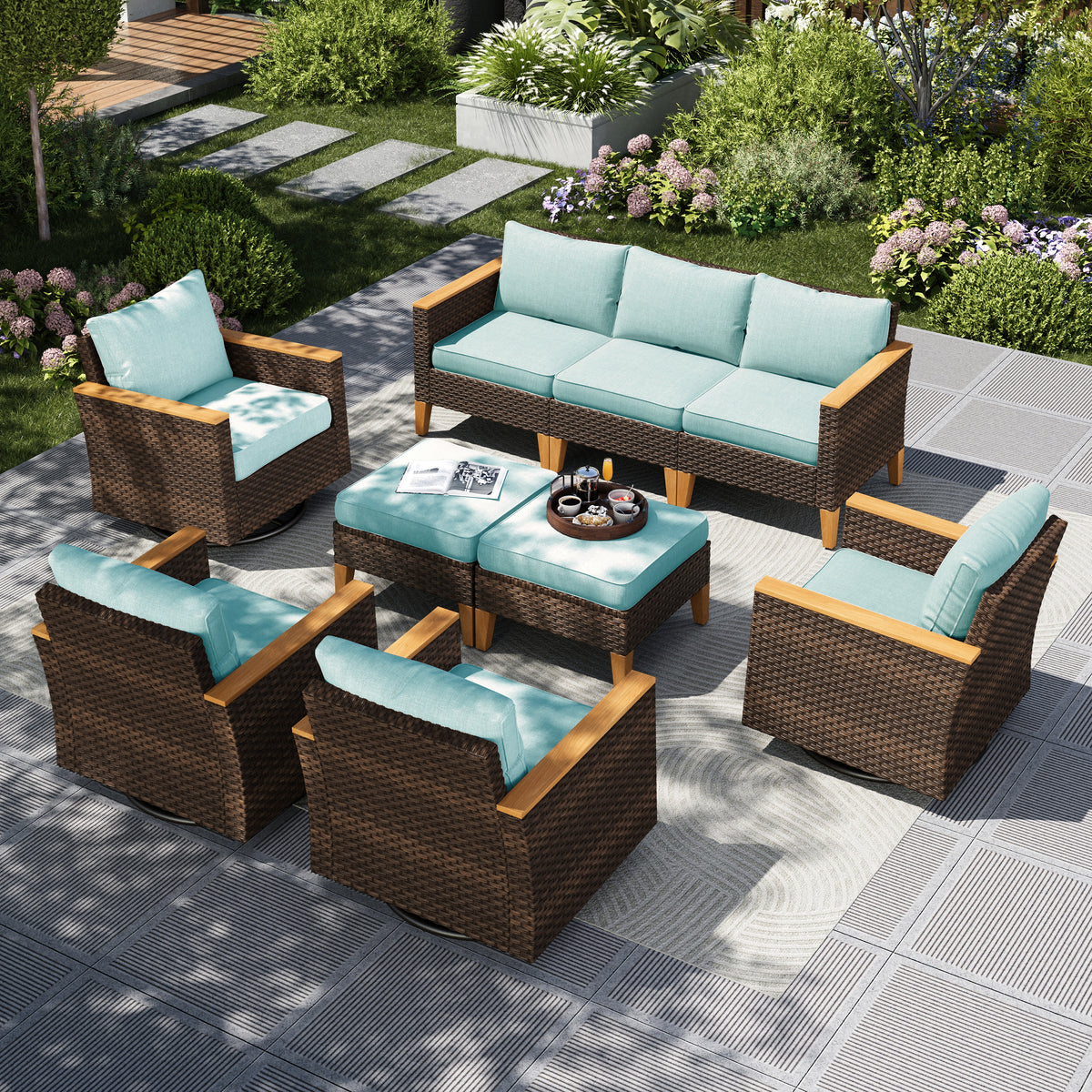 Captiva Designs 9-Piece Outdoor Patio Wicker Conversation Sofa Set withThick Cushions for Deck, Yard, and Poolside