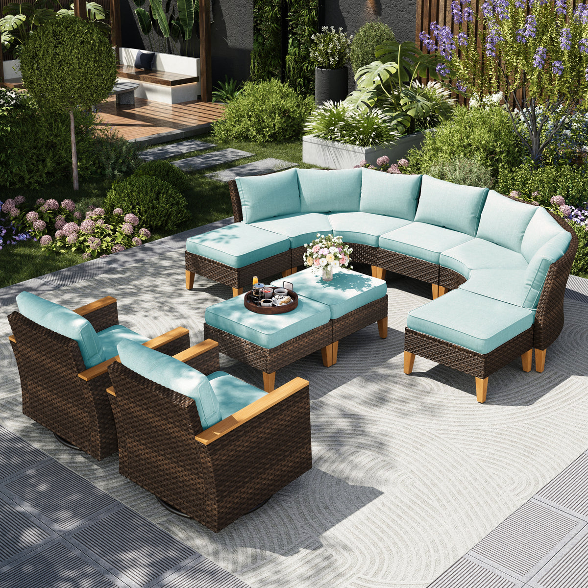 Captiva Designs 11pc Outdoor Wicker Rattan Patio Half-Moon Curved Sectional Sofa Conversation Set with Cushioned Ottoman