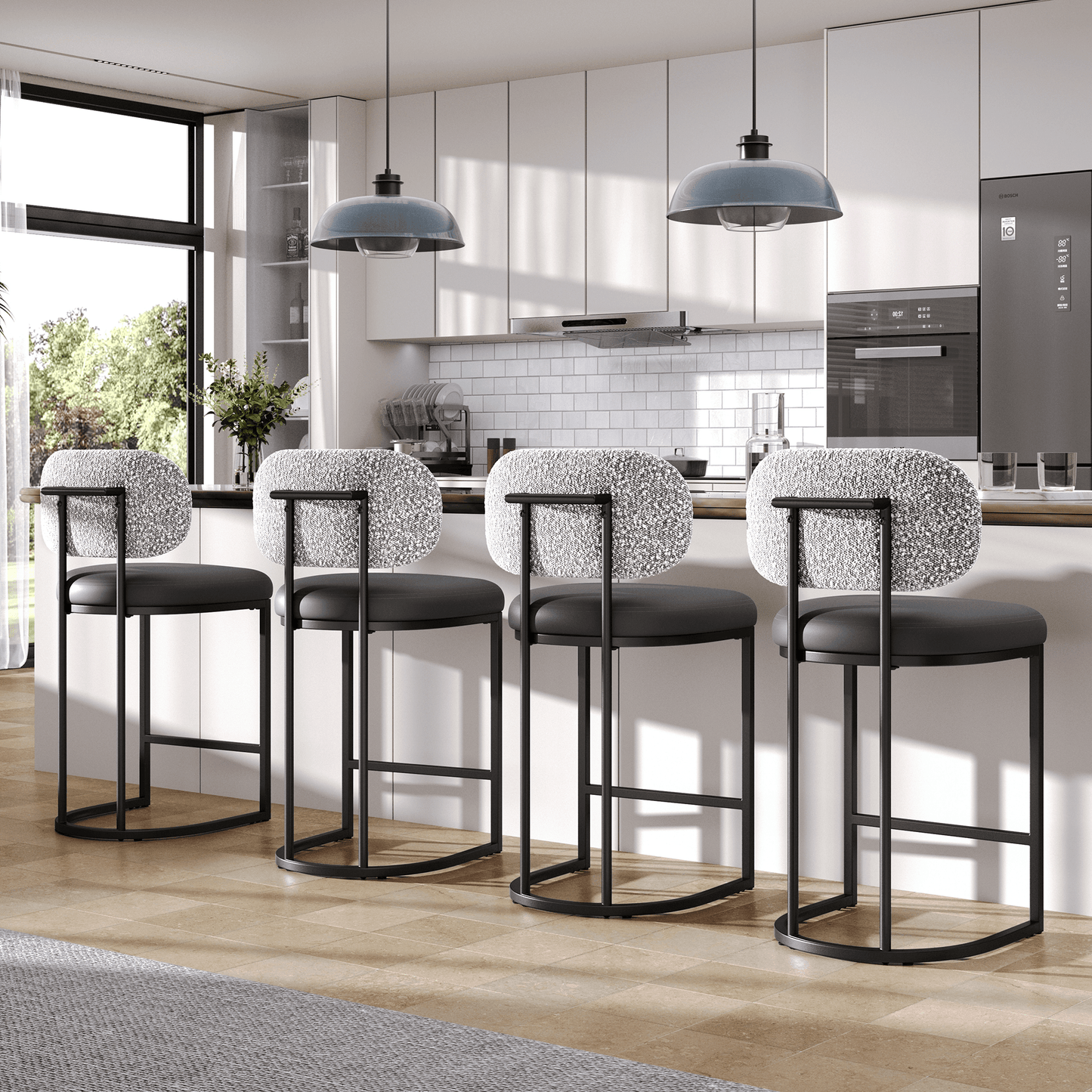 Captiva Designs 24.8 inch Counter Height Bar Stool with Large Chenille Back & PU Leather Seat & Footrest & Adjustable Foot Pad & Sturdy Steel Frame