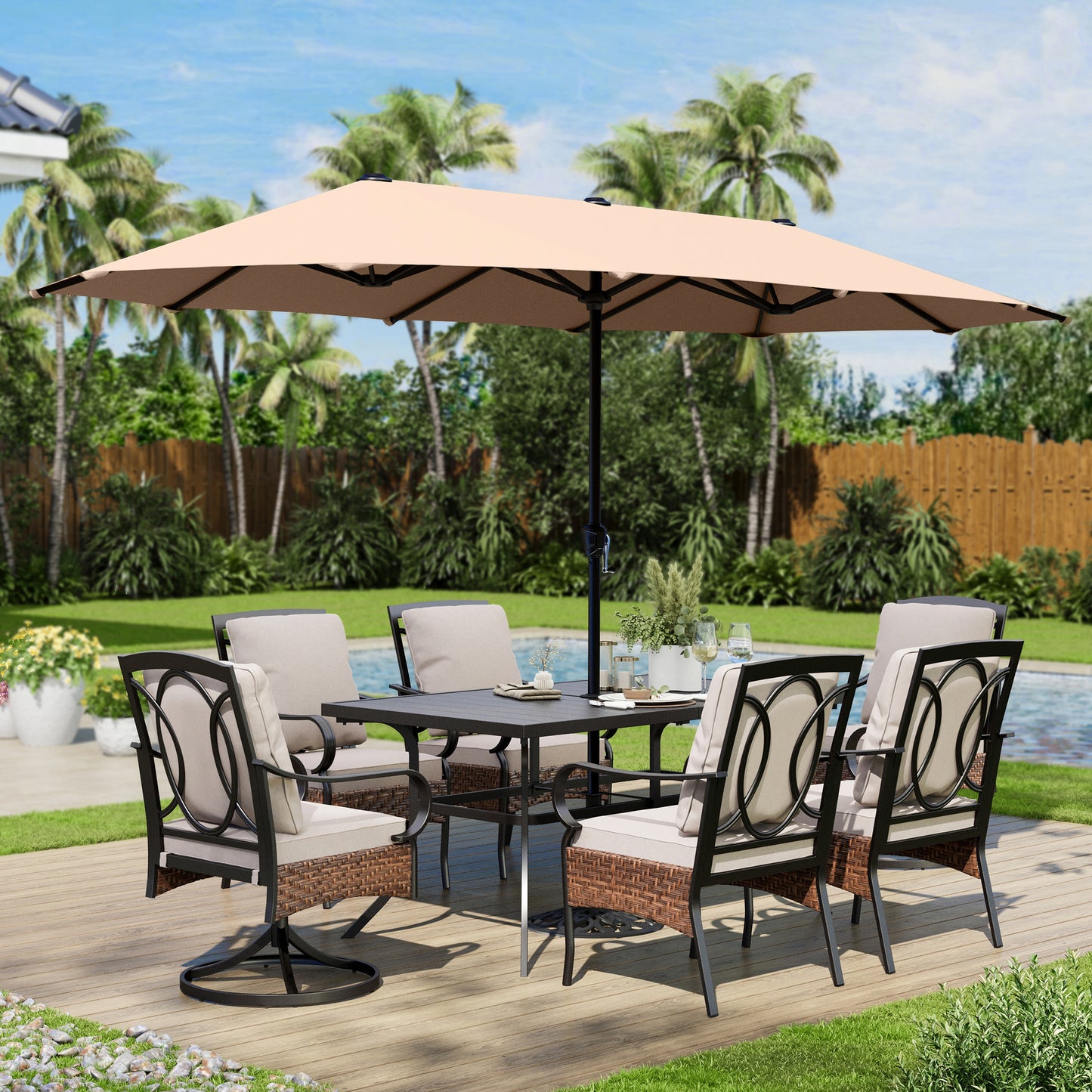 Captiva Designs 8pc Patio Rectangle Steel Dining Table & Rattan Chairs & Market Umbrella