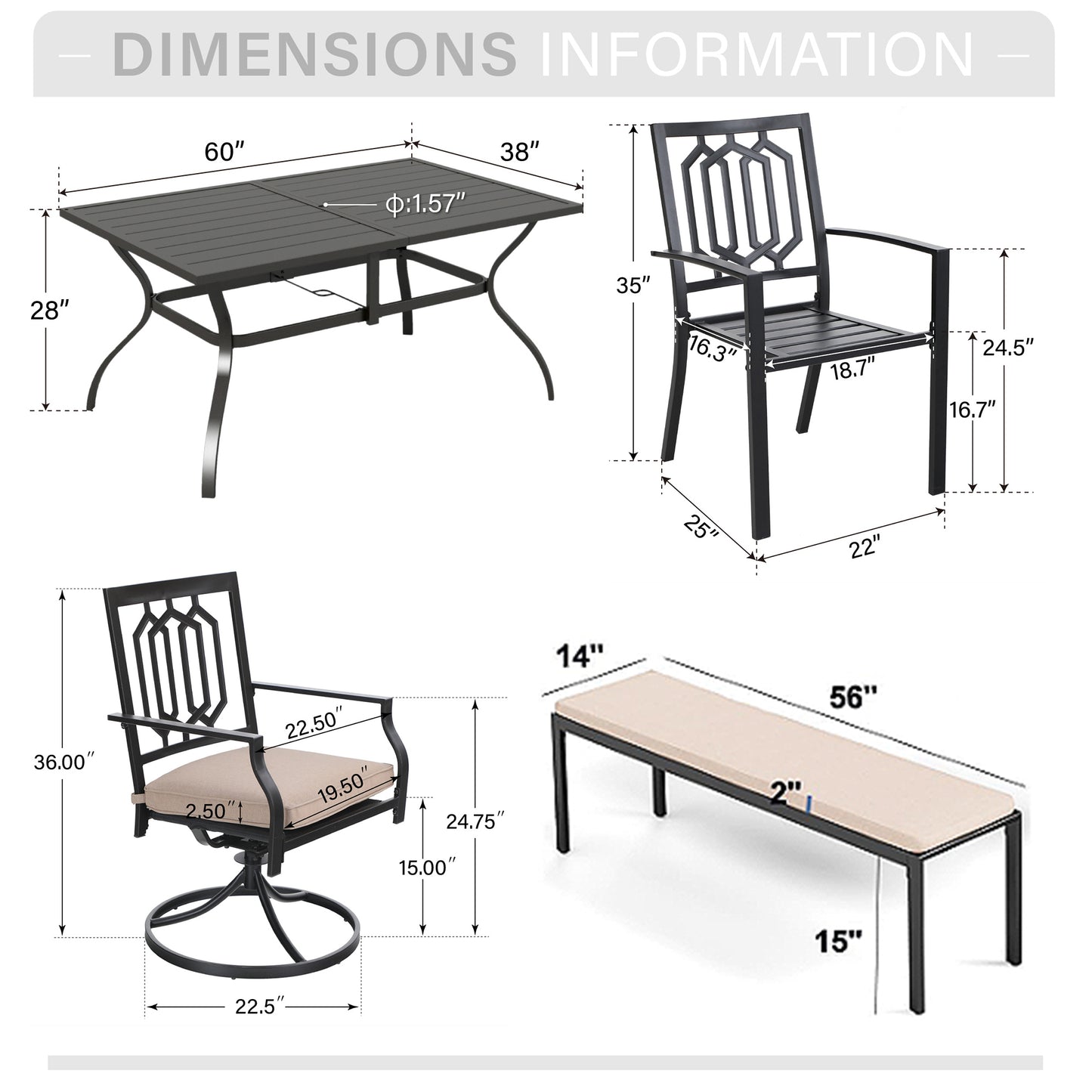 Captiva Designs 7 件套露台木质板条钢桌,带伞孔和金属可堆叠椅子,带剥离式靠背