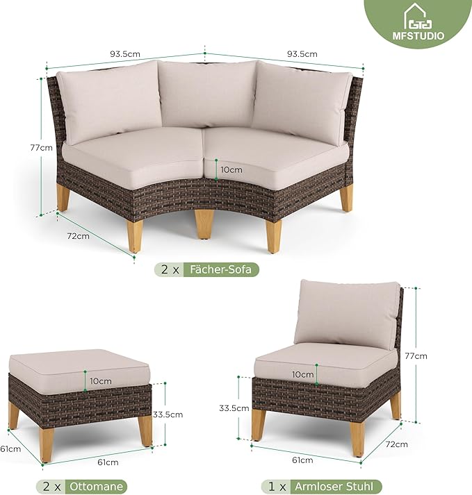 MFSTUDIO Polyrattan Lounge Set, Aktualisierte Rippen, 20% Dicker als Andere, Cushion PRO Fabric Wasserdicht, Leicht zu Reinigen. Gartenmöbel Wetterfest, Sitzgruppe für Garten.