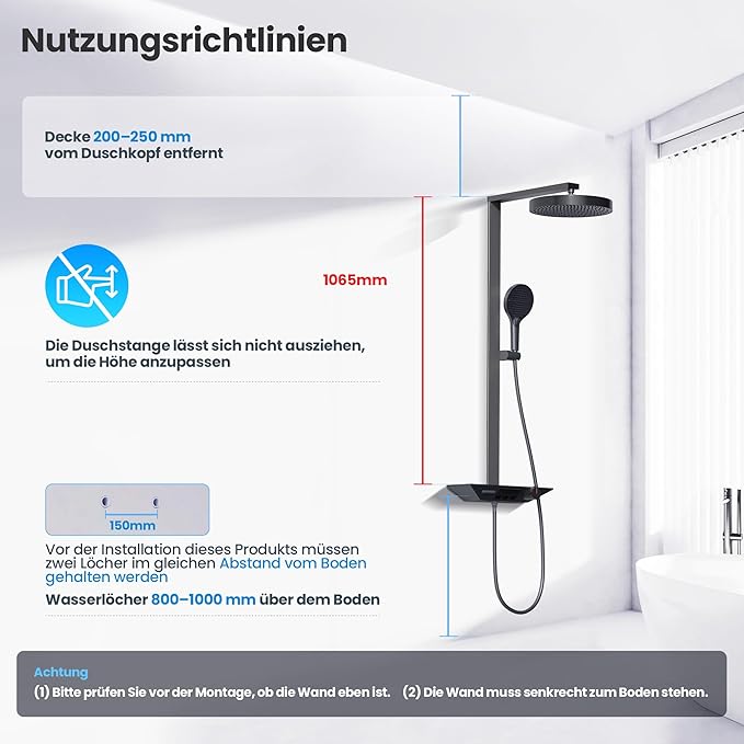 Alphabath Duscharmatur Komplettset Duschsystem mit Thermostat und Eingegossene Glasregale Duschset mit 30 cm Regendusche Duschkopf Regendusche mit Armatur, Grau