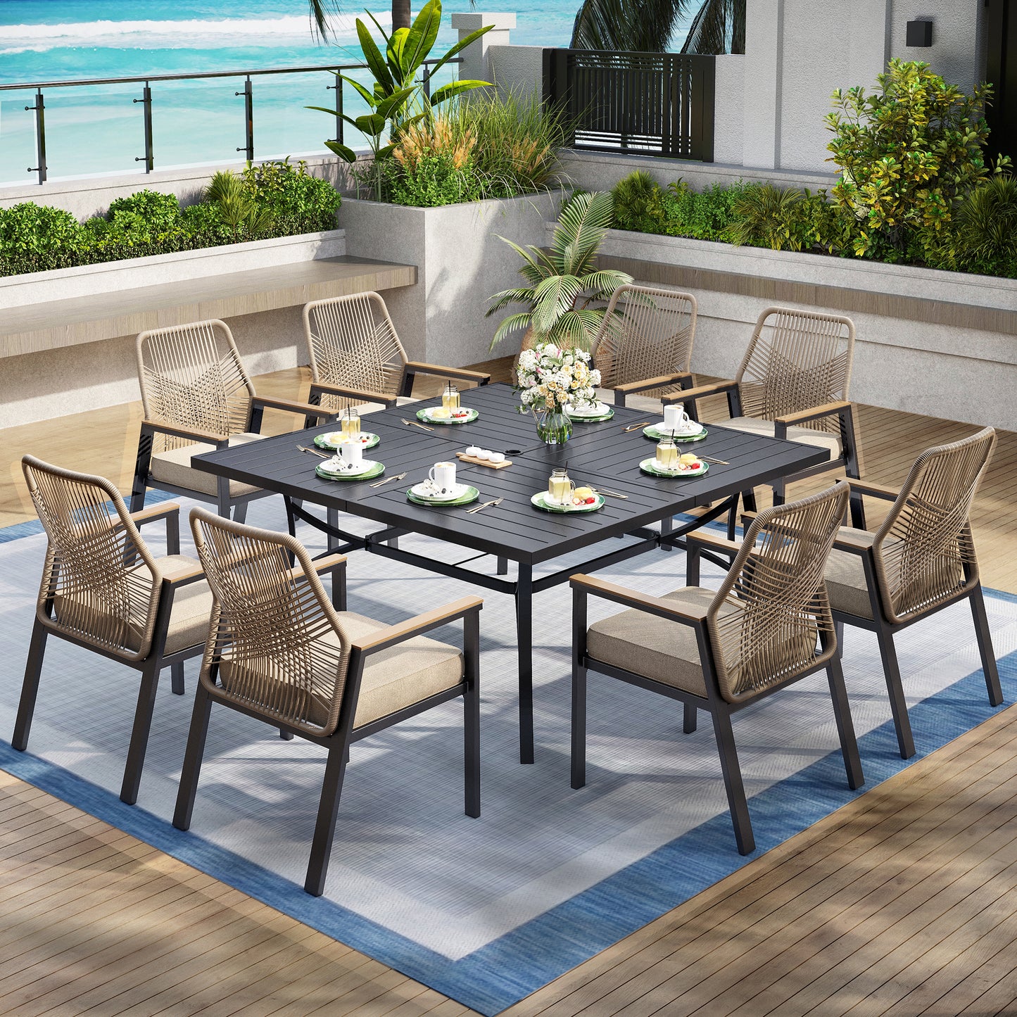 Captiva Designs 9pc Patio Dining Set with Spacious Slat-top Square Metal Table & Beige Rattan Chairs