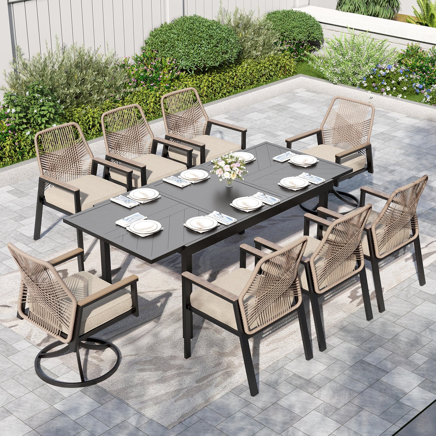 Captiva Designs 9pc Outdoor Dining Spacious Black Rectangle Metal Table & Beige Rattan Chairs