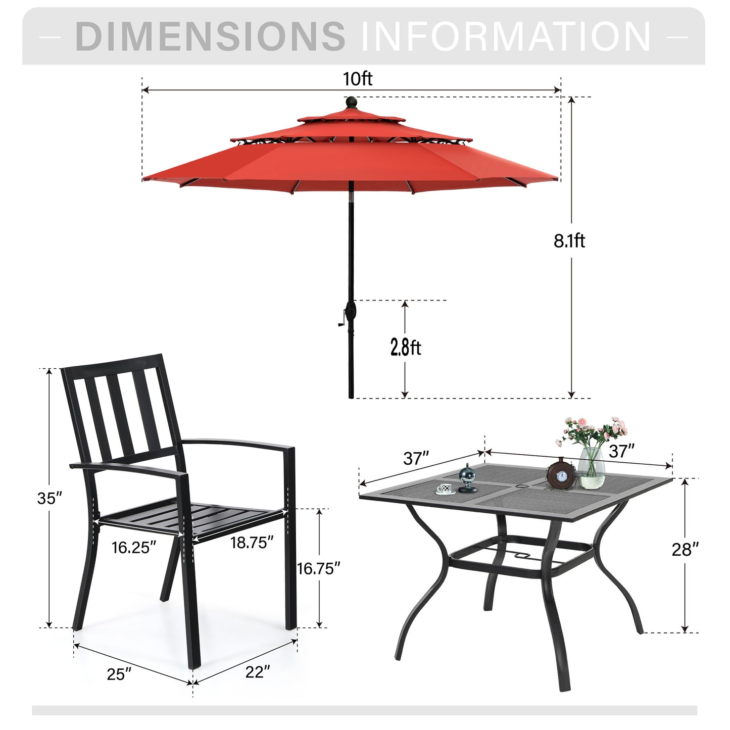 Captiva Designs 6pc Patio Mesh Top Square Steel Dining Table & Stackable Metal Chairs & Market Umbrella
