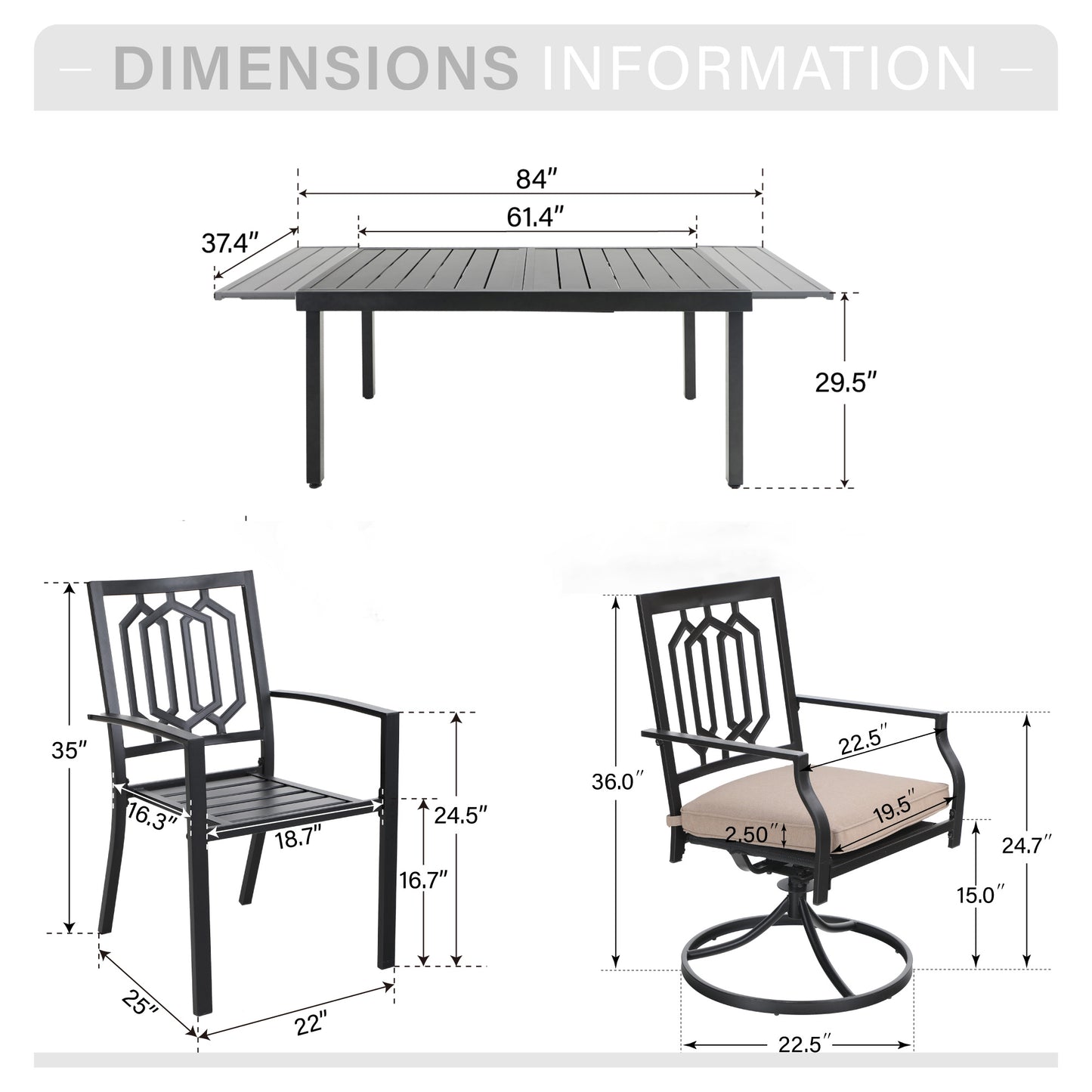 Captiva Designs 7pc Patio Dining Slat-top Expandable Rectangle Steel Table & Stylish Back Metal Chairs