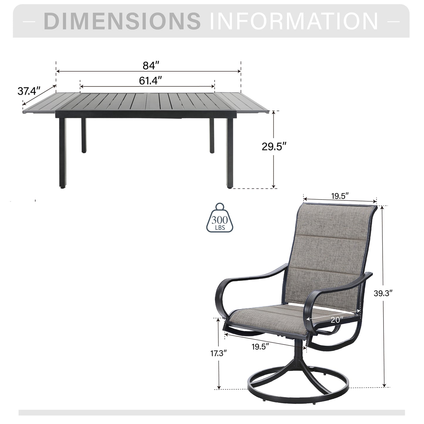 Captiva Designs 7pc Outdoor Black Dining Steel Table & Grayish Brown Padded Textilene Swivel Chairs