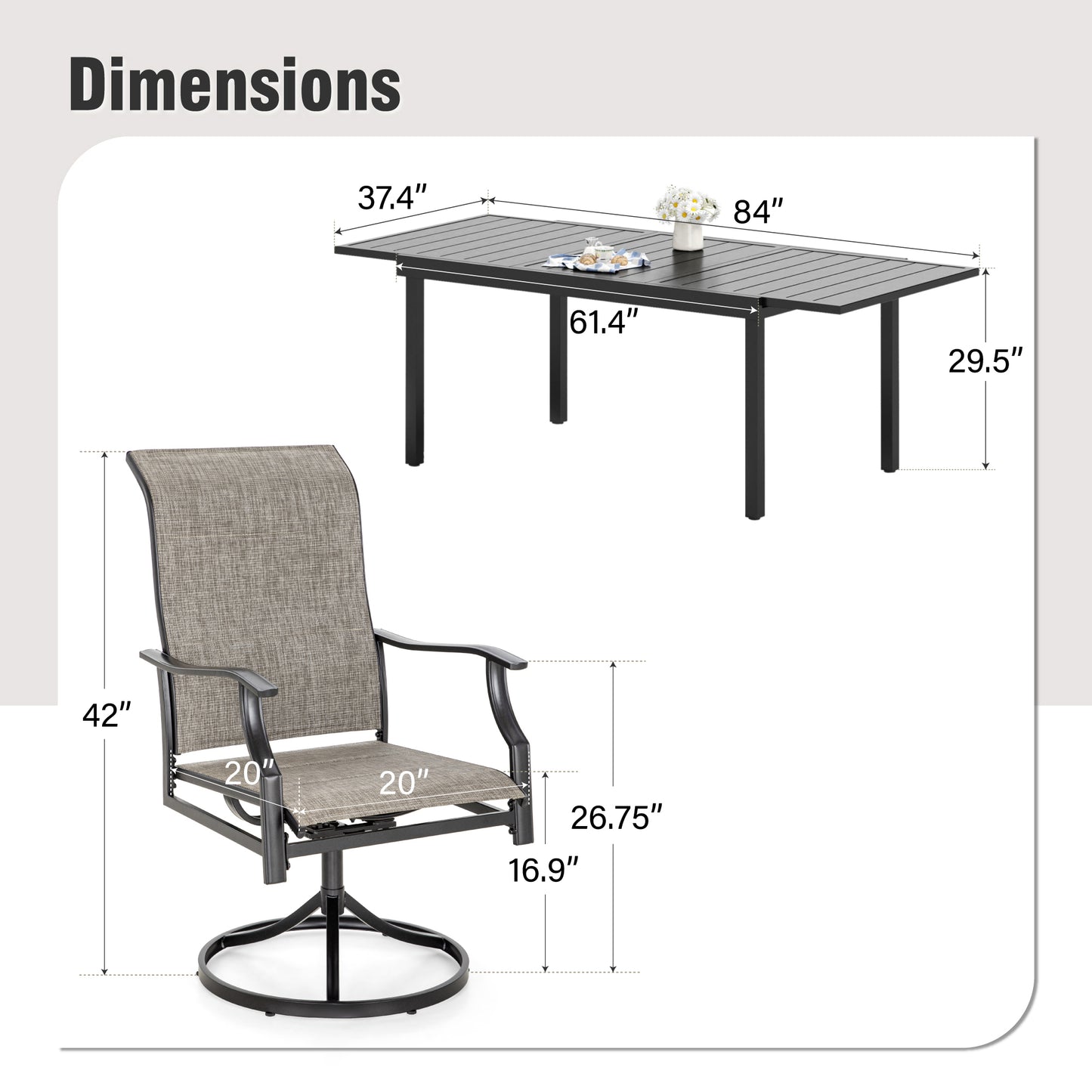 Captiva Designs 7pc Outdoor Slat-top Rectangle Steel Dining Table & Grayish Brown Padded Sling Chairs