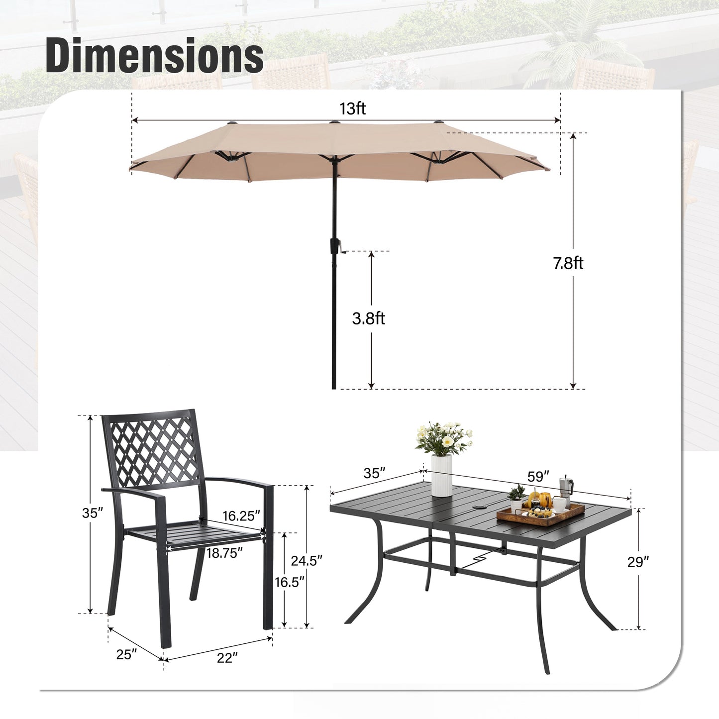 Captiva Designs 8pc Patio Dining Set with Rectangular Steel Table & Black Steel Chairs & Beige Umbrella