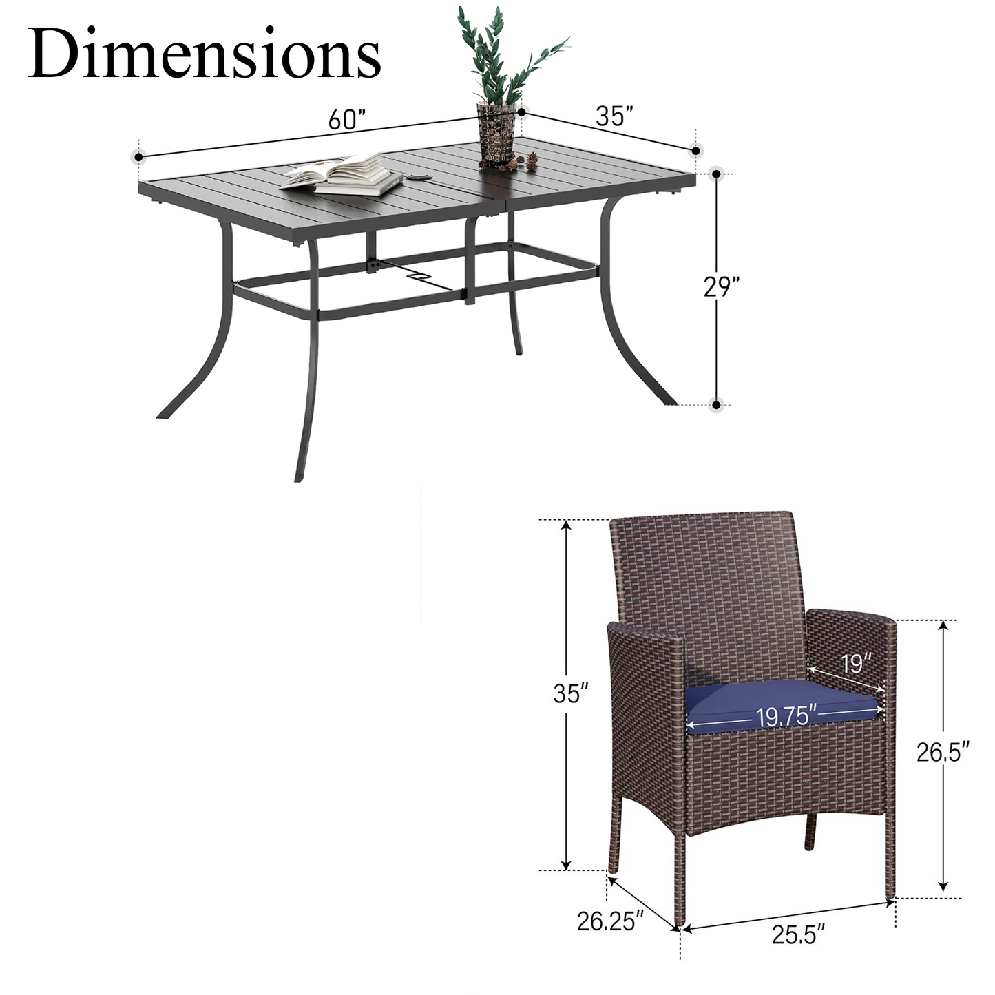 Captiva Designs 7pc Patio Slatted Top Steel Dining Table with Umbrella Hole & Cushioned Armrest Rattan Chairs