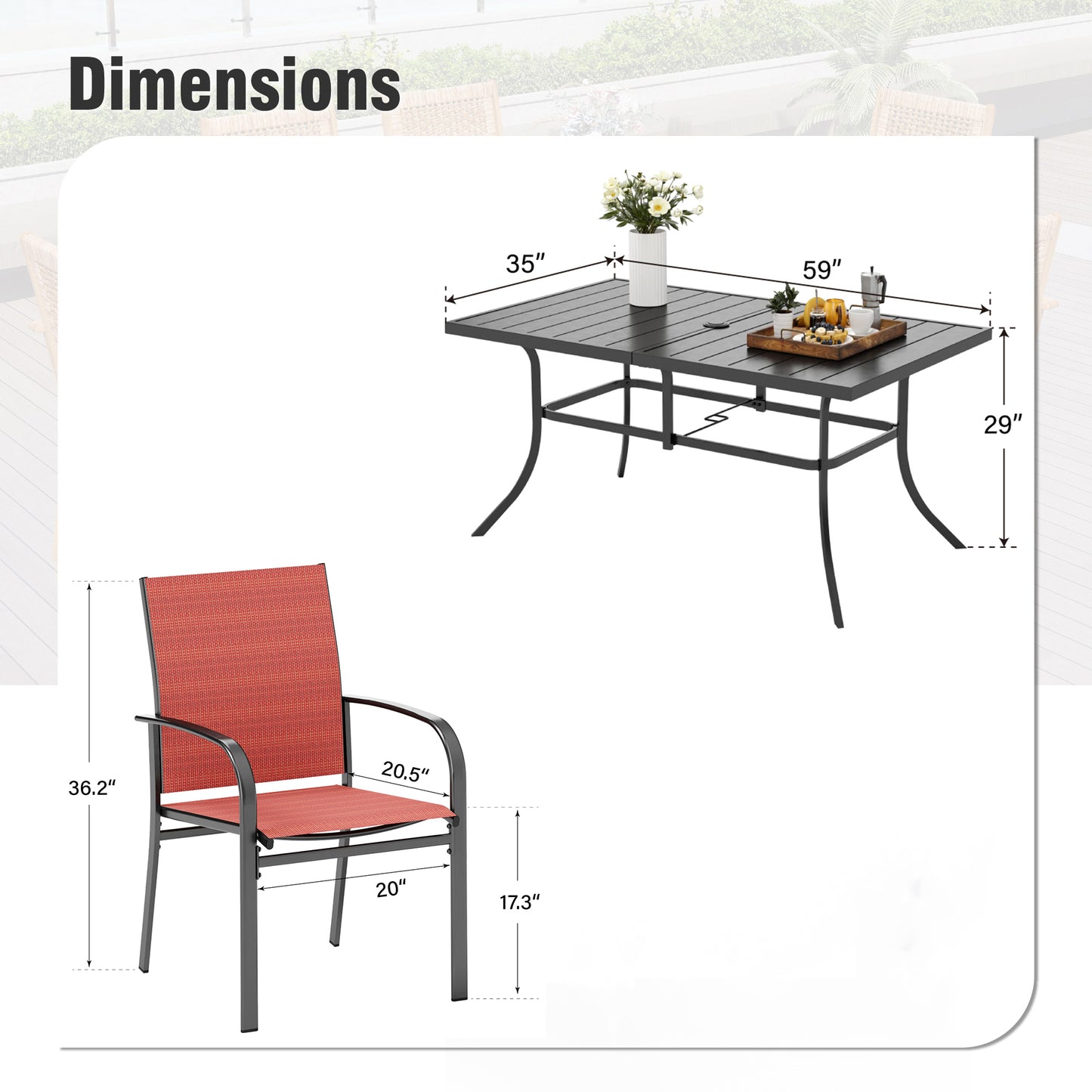 Captiva Designs 7 件套露台餐桌椅套装,配有带顶板的矩形桌子和红色吊带固定餐椅