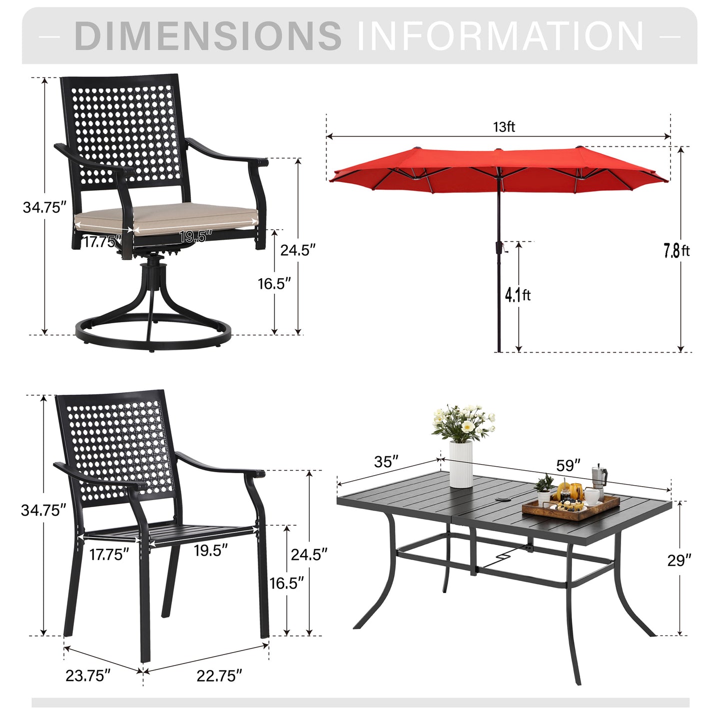Captiva Designs 8pc Patio Dining Set with Rectangular Steel Table & Black Steel Chairs & Market Umbrella