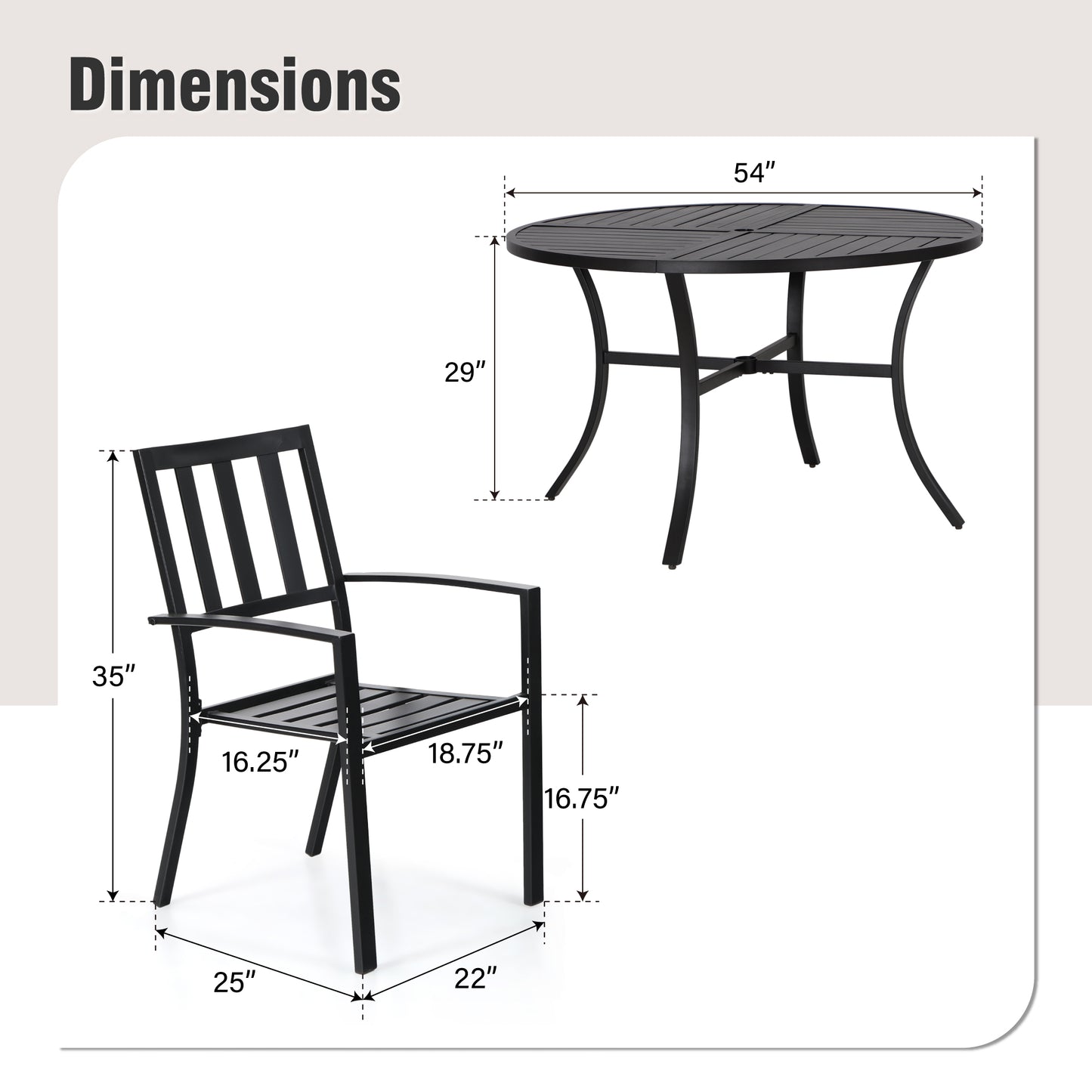 Captiva Designs 7 件套黑色圆形板条钢桌,带伞孔和金属可堆叠椅子