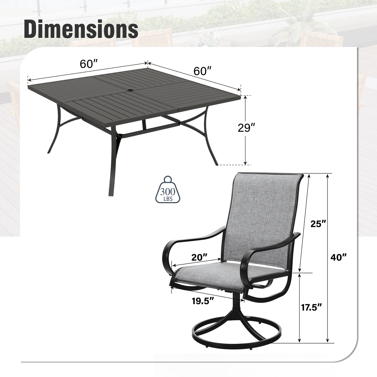 Captiva Designs 9pc Spacious Slat-top Square Metal Table with Umbrella Hole & Textilene Swivel Chairs