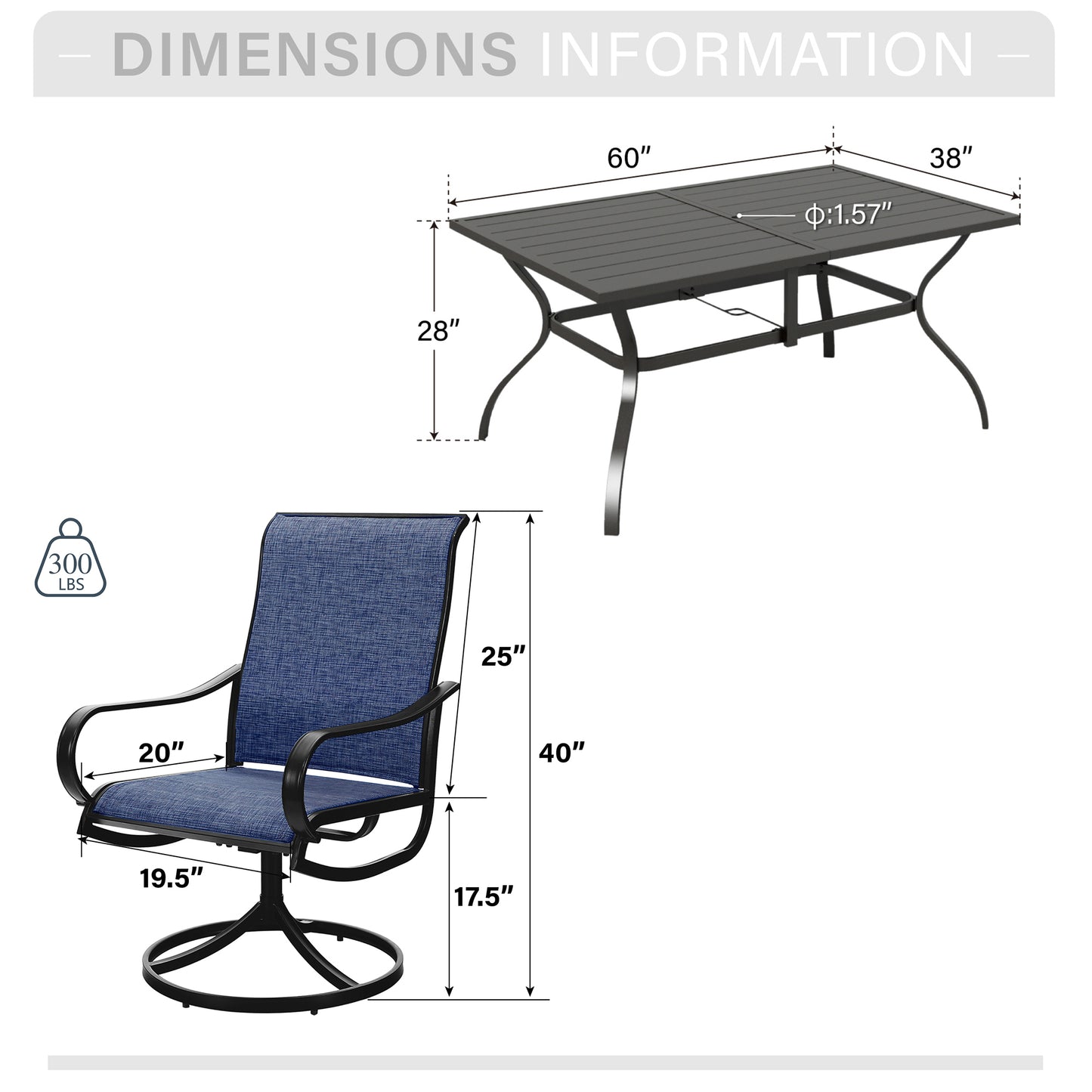 Captiva Designs 7pc Patio Dining Slat-top Rectangle Table & Textilene 360 Degree Swivel Chairs